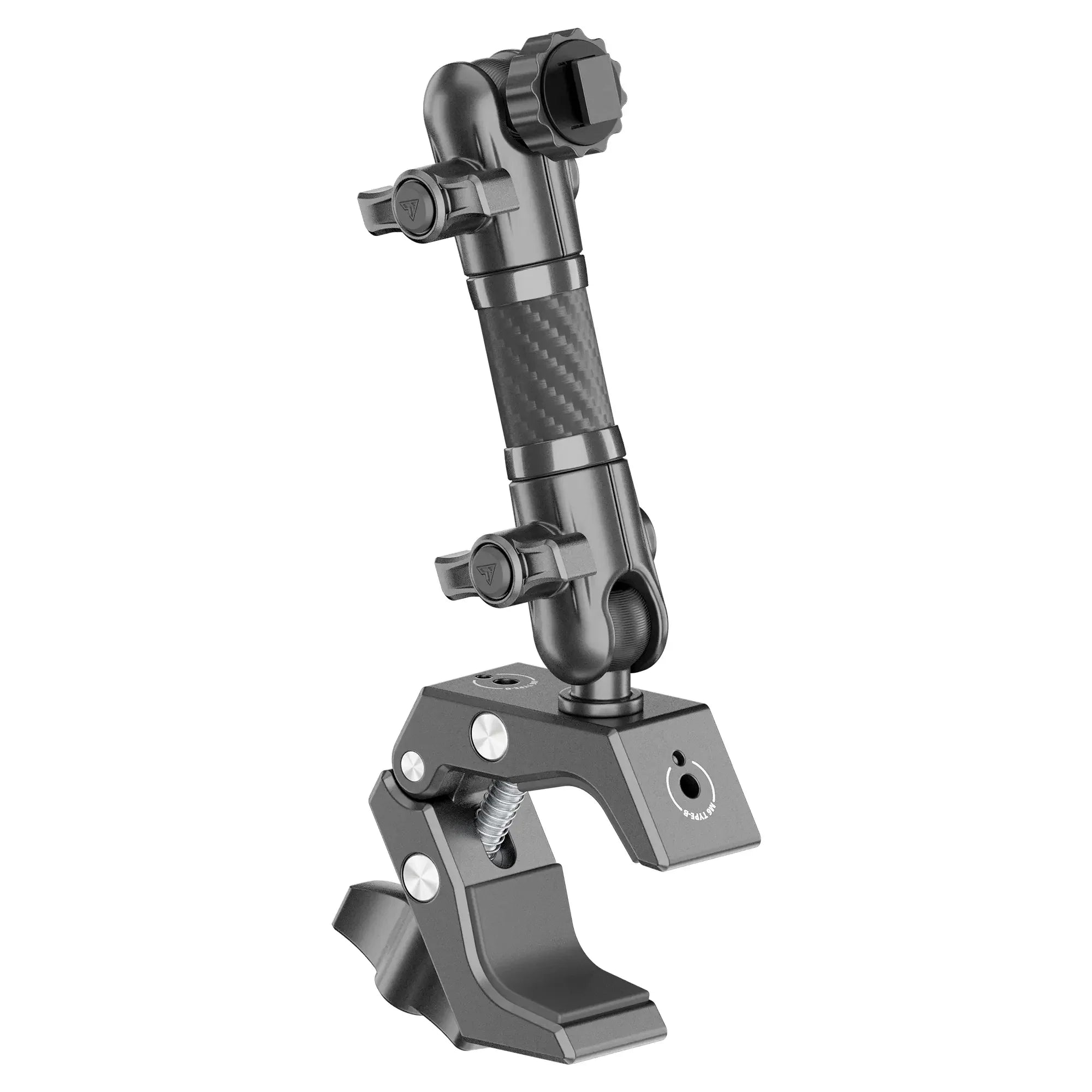 Adjustable metal mounting clamp with carbon fiber extension arm for overlanding gear