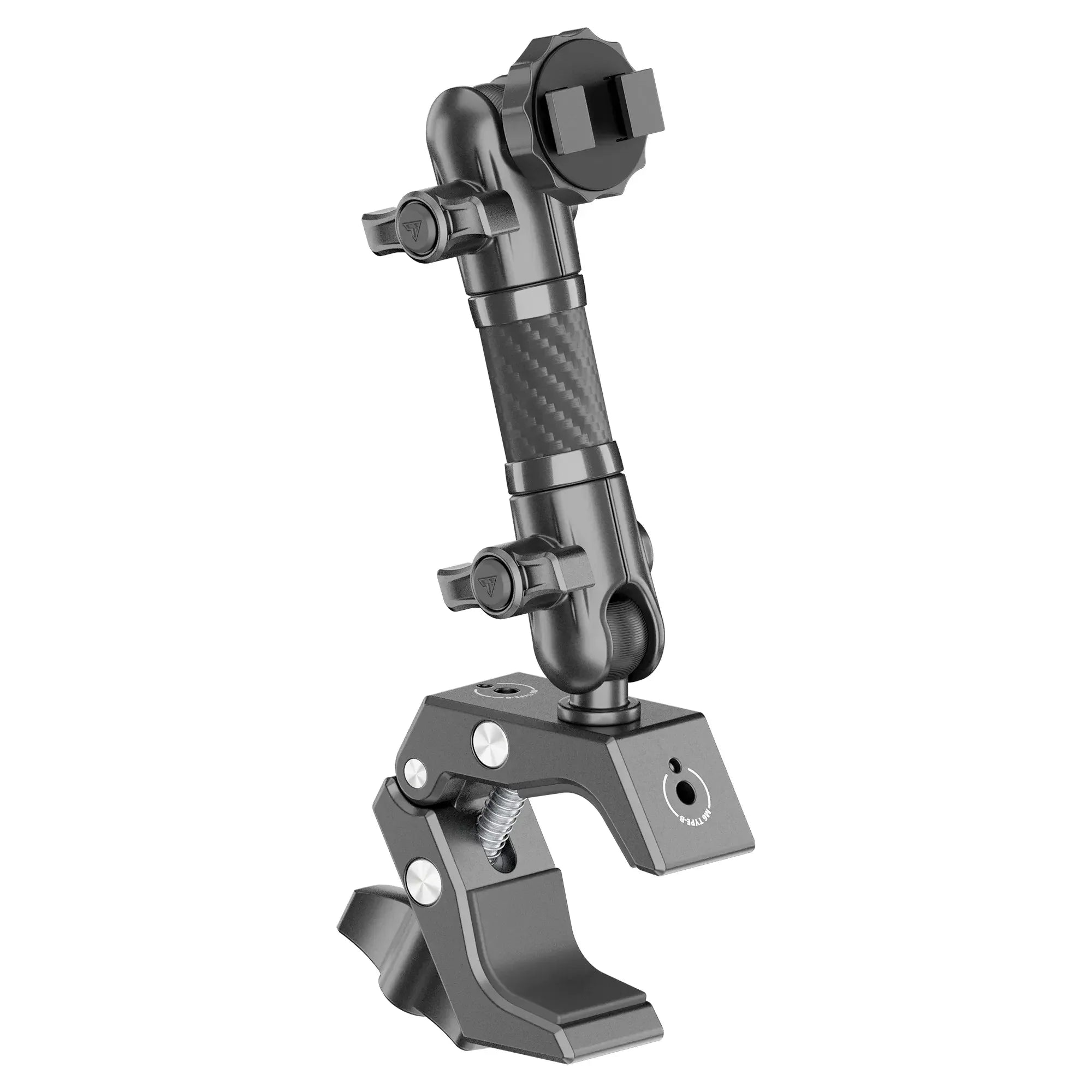Adjustable aluminum mounting clamp with carbon fiber extension arm for vehicle accessories