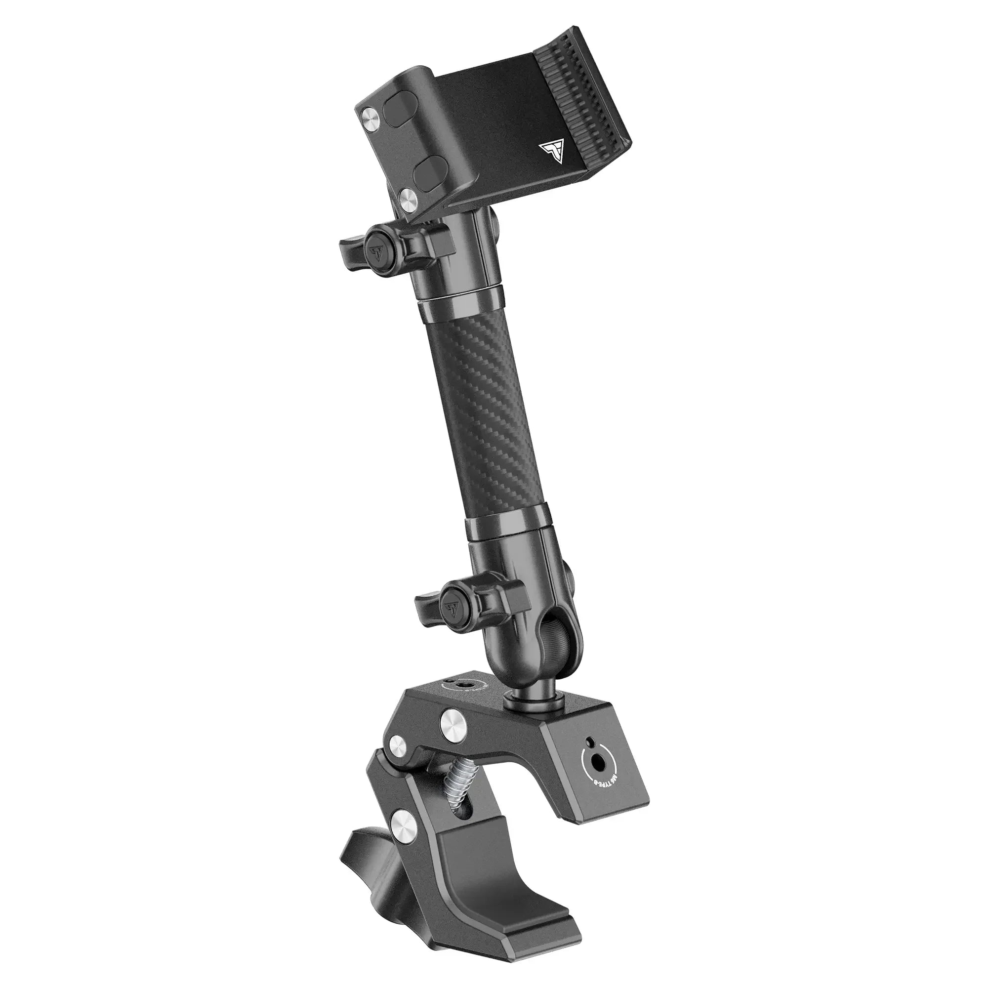 Adjustable black vehicle accessory clamp mount with carbon fiber arm for offroad gear