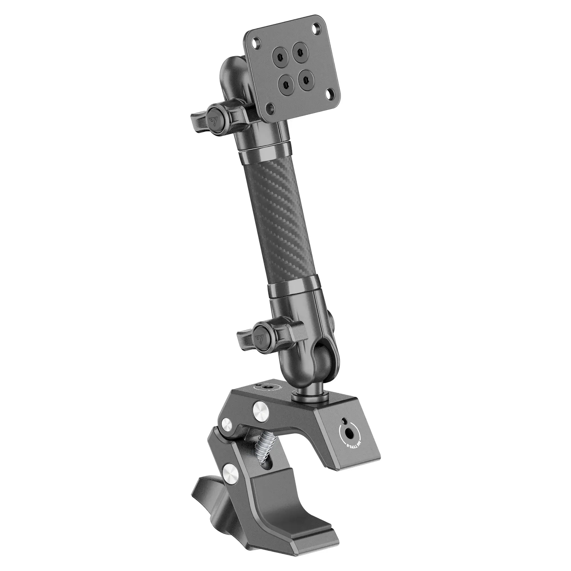 Adjustable metal mounting arm clamp for overlanding and camping vehicle accessories