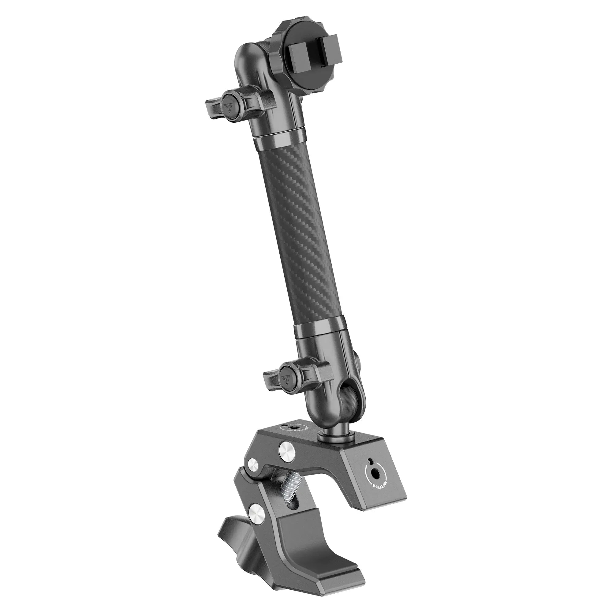 Adjustable carbon fiber mounting arm with clamp for overlanding and vehicle accessories