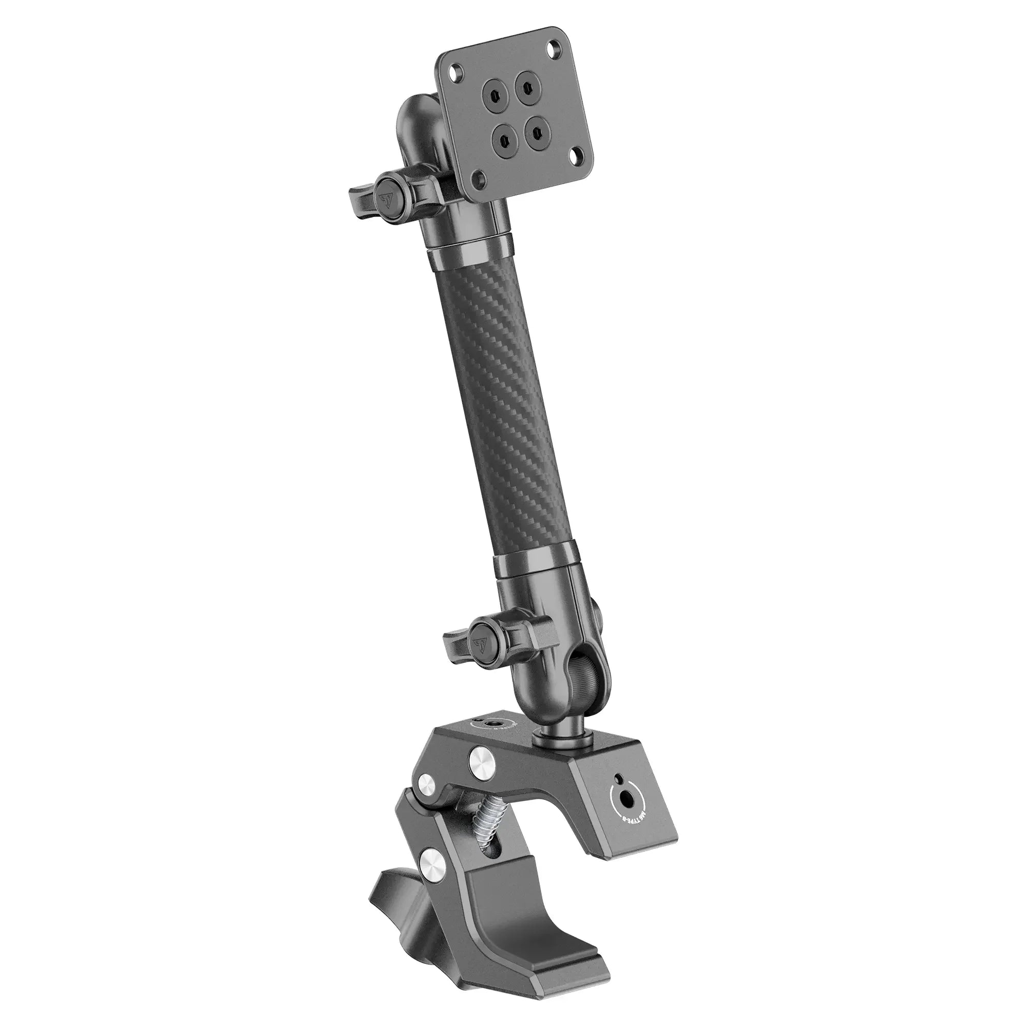 Heavy-duty adjustable vehicle accessory mounting arm with clamp and carbon fiber shaft