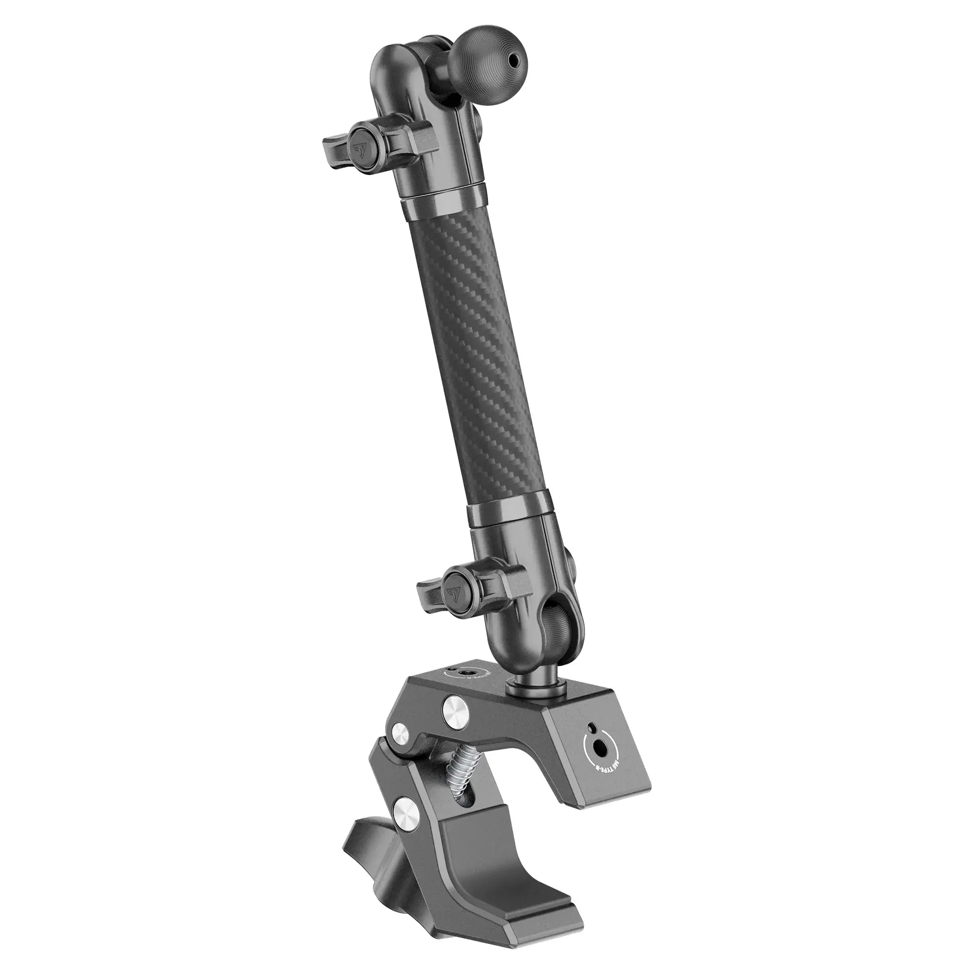 Adjustable carbon fiber mounting arm with clamp for overlanding and vehicle accessories