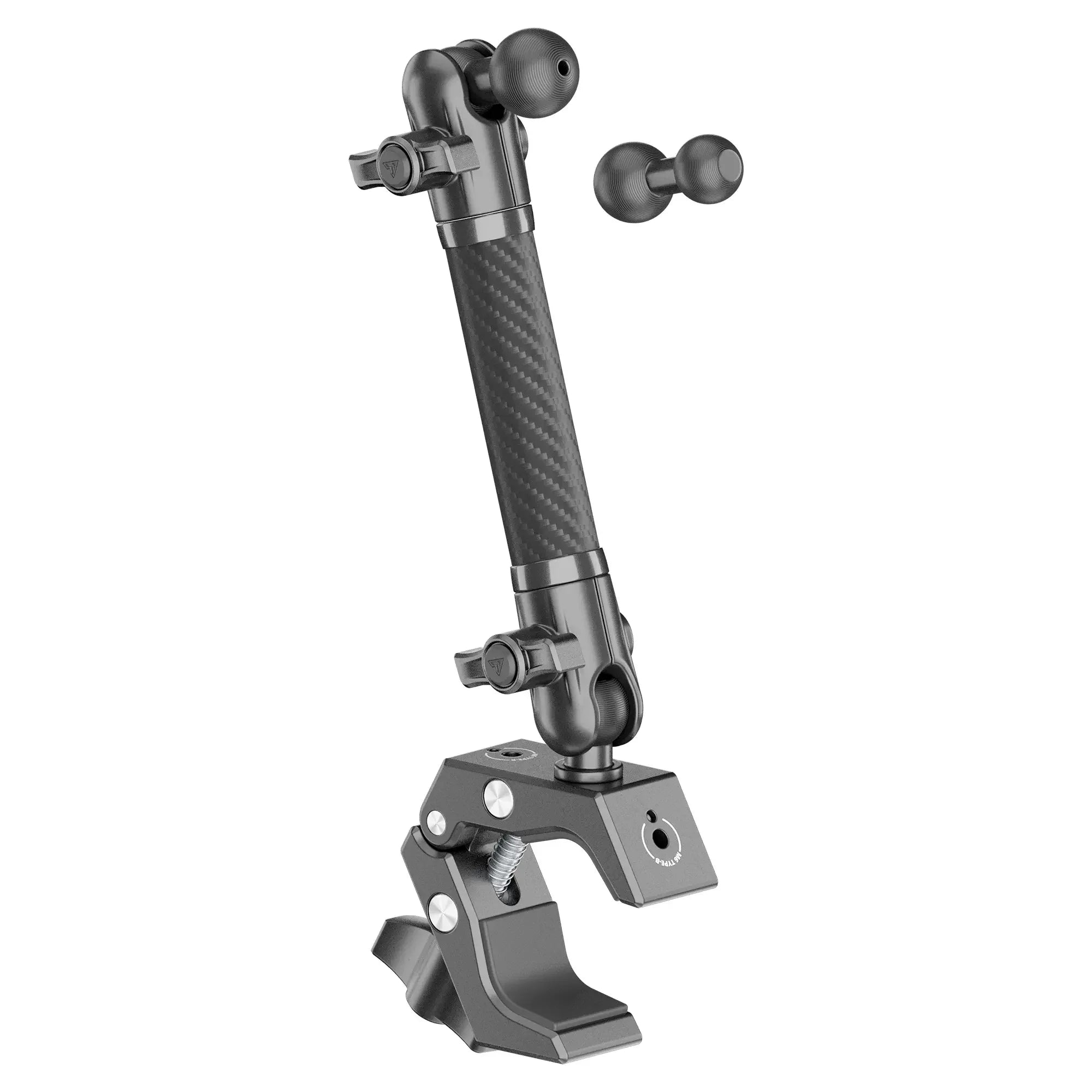 Adjustable carbon fiber mounting arm with clamp for off-road and overlanding vehicle gear