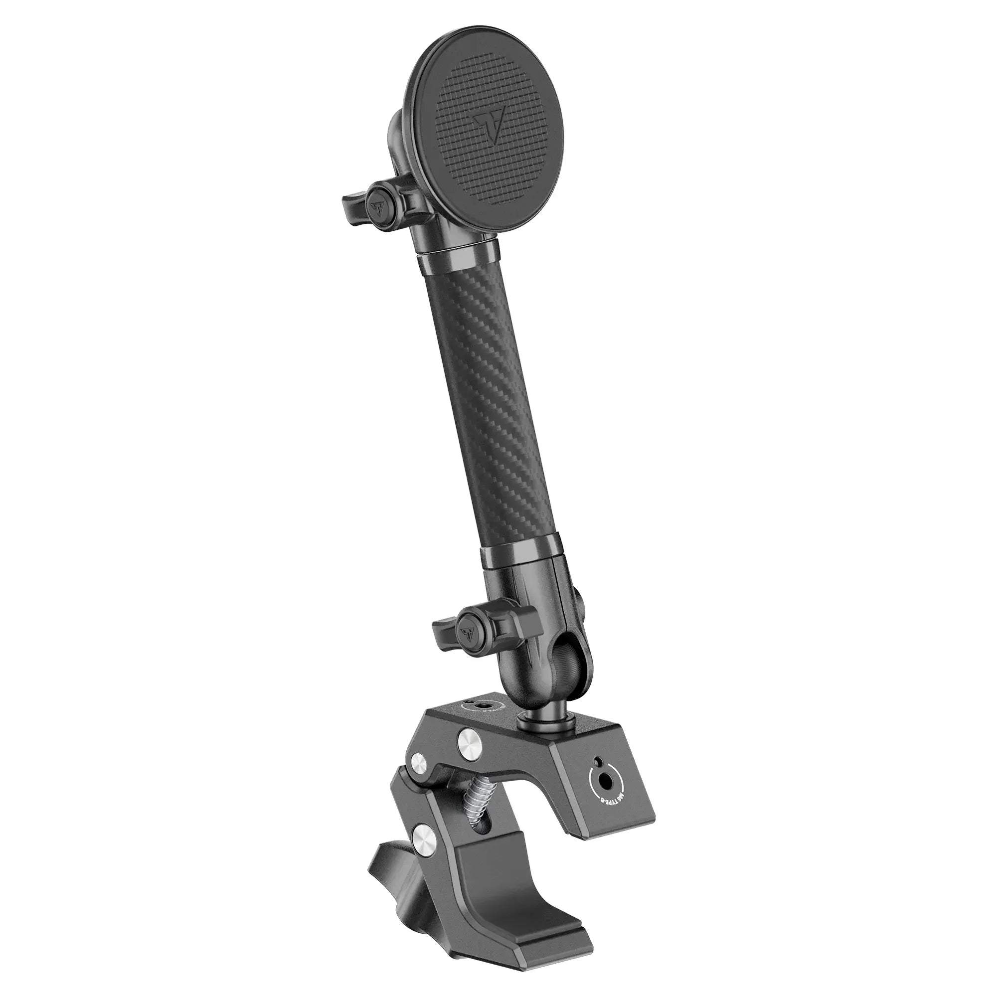 Adjustable vehicle phone or device mount with clamp and carbon fiber arm for overlanding