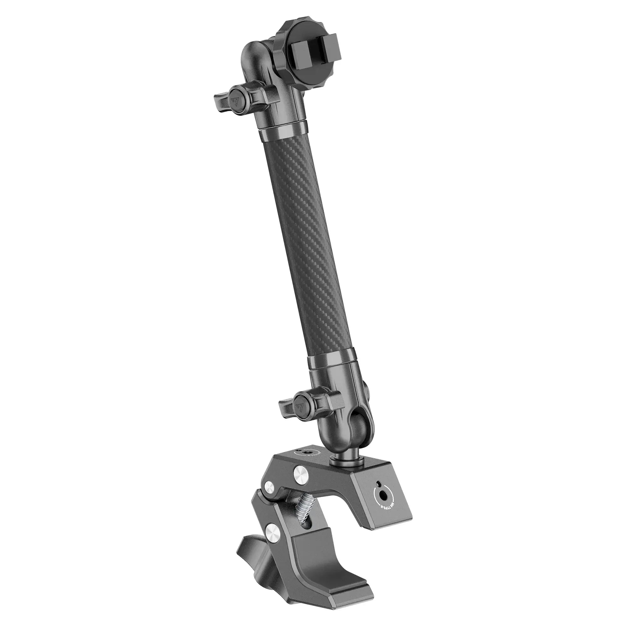 Adjustable carbon fiber mounting arm with clamp for vehicles or adventure gear