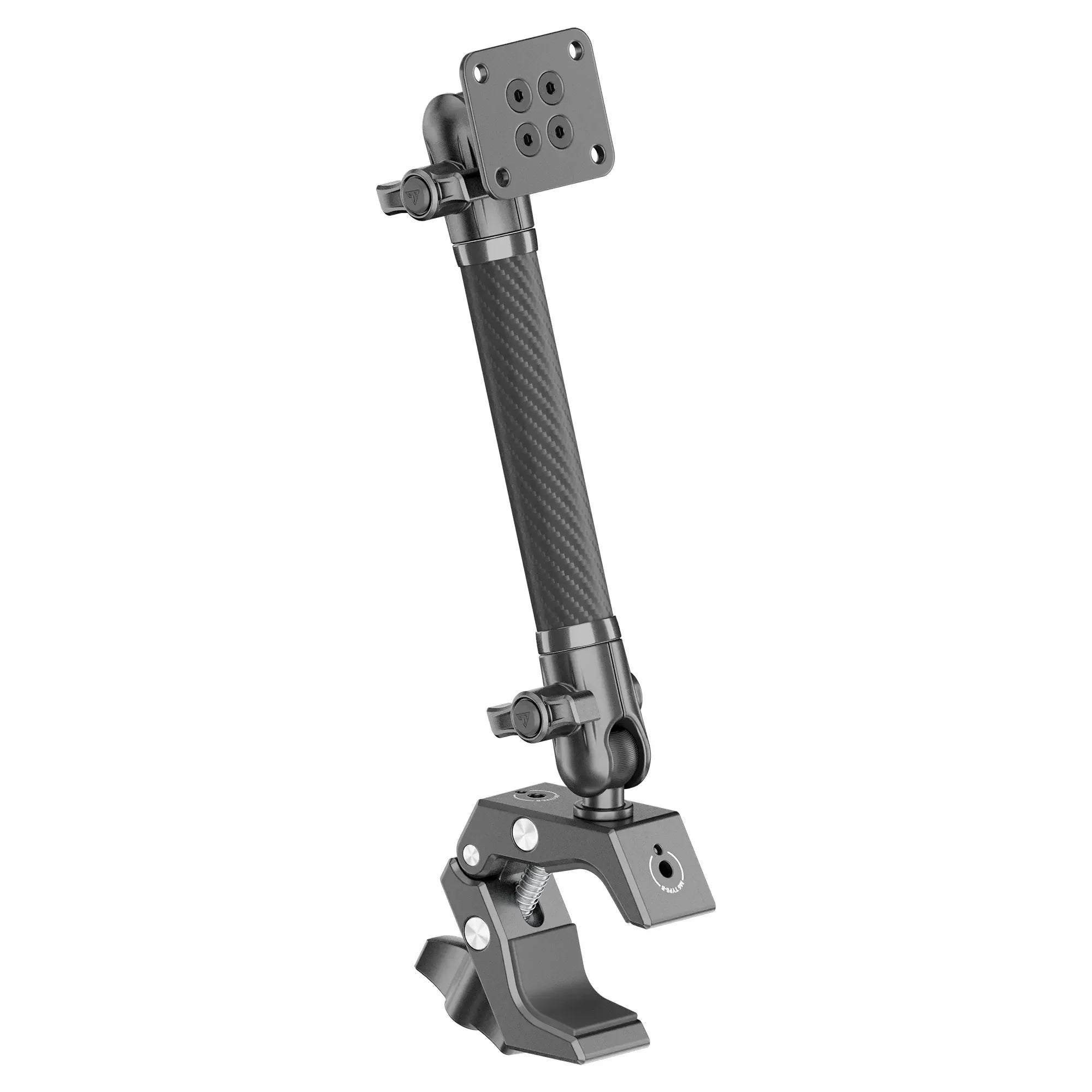 Adjustable metal and carbon fiber clamp mount arm for overlanding vehicle accessories