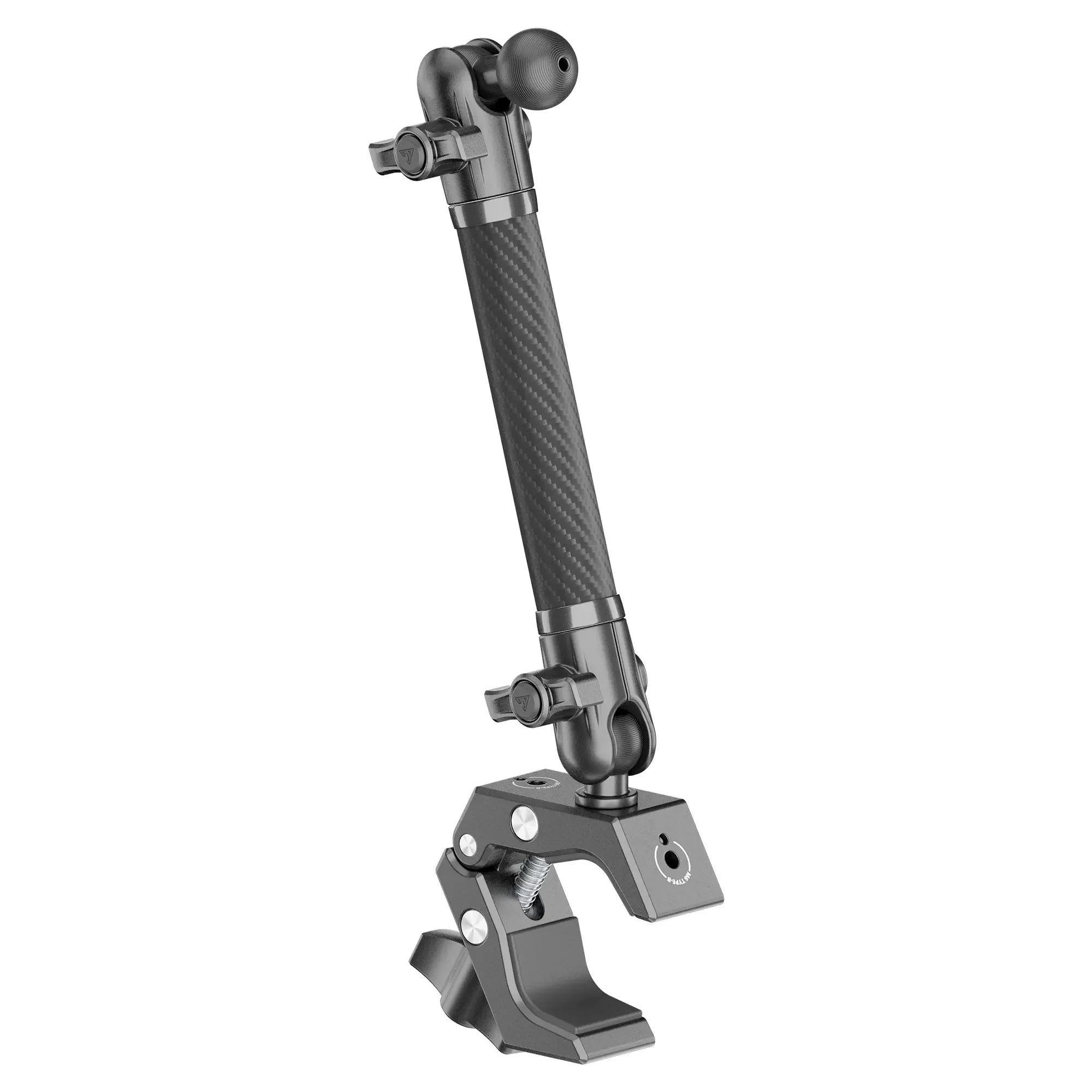 Adjustable carbon fiber mounting arm with clamp for overlanding and vehicle accessories