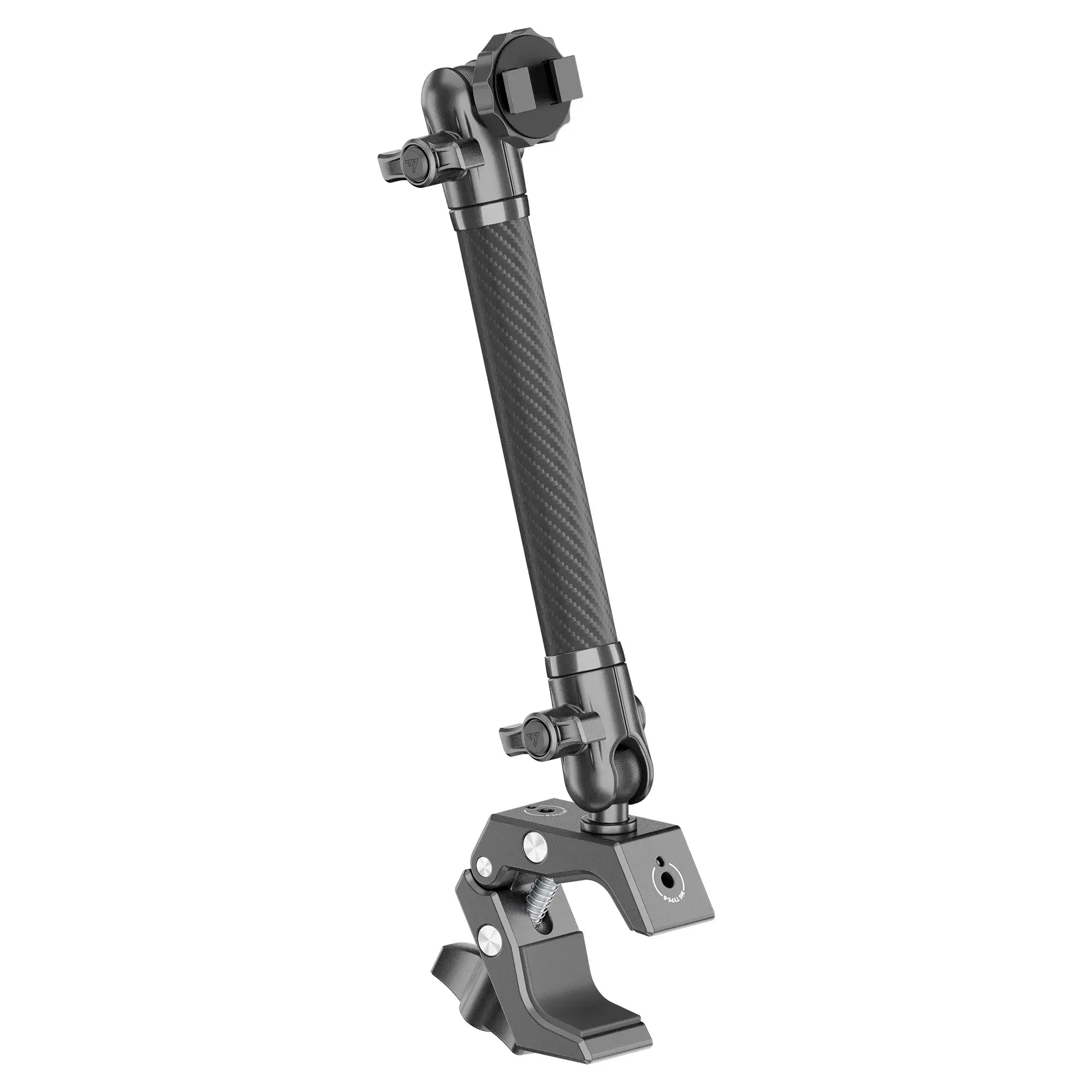 Adjustable black metal clamp mount arm with carbon fiber extension for offroad accessories