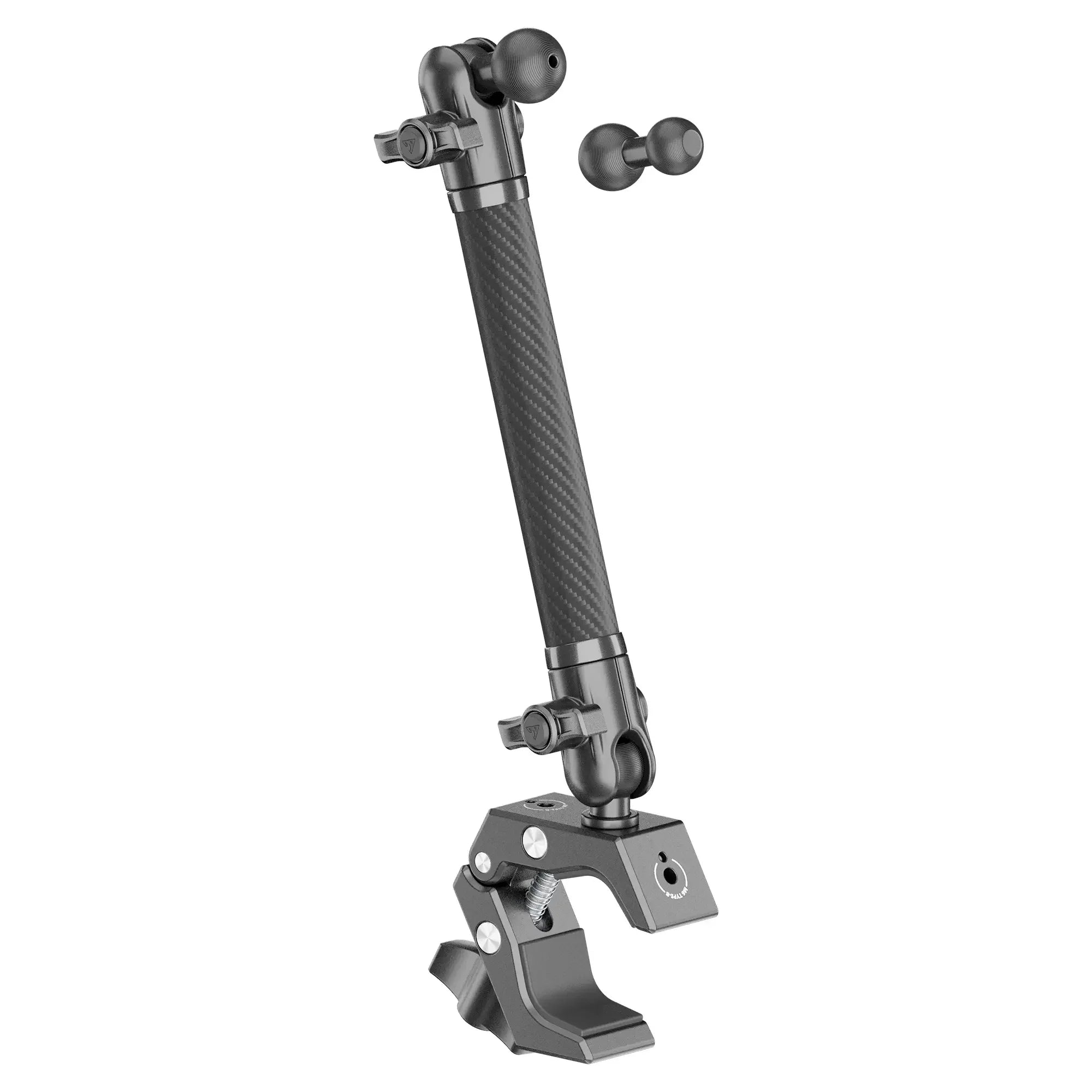 Adjustable carbon fiber mounting arm with clamp for vehicle overlanding gear