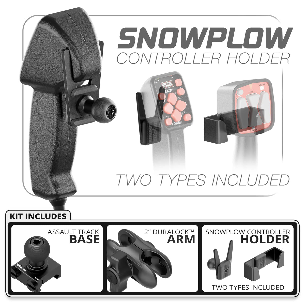 Tackform snowplow controller holder, Assault Track base and 2" DuraLock Arm, universal fit