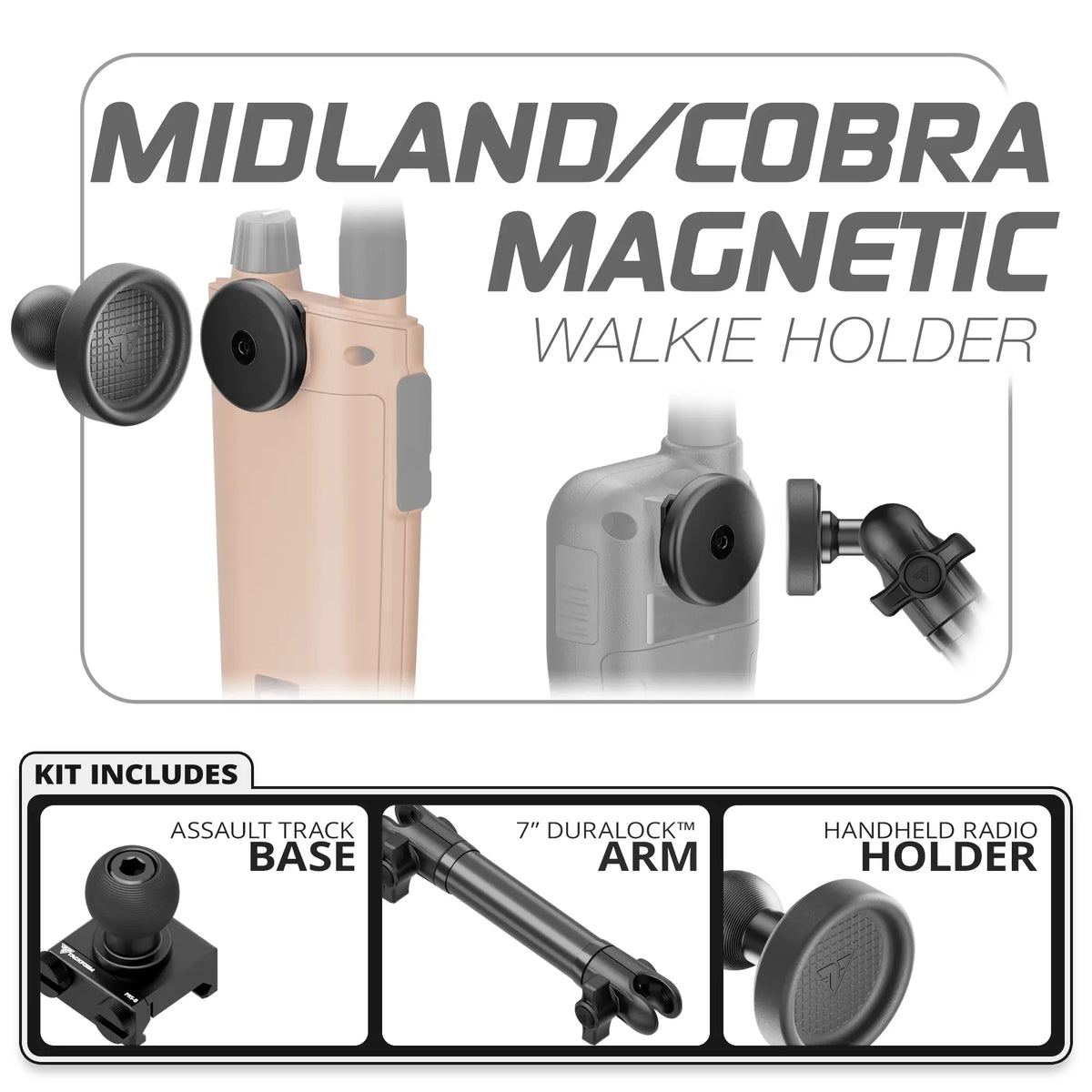 Tackform Midland and Cobra magnetic handheld radio holder, Assault Track Picatinny base and 7" arm, universal fit