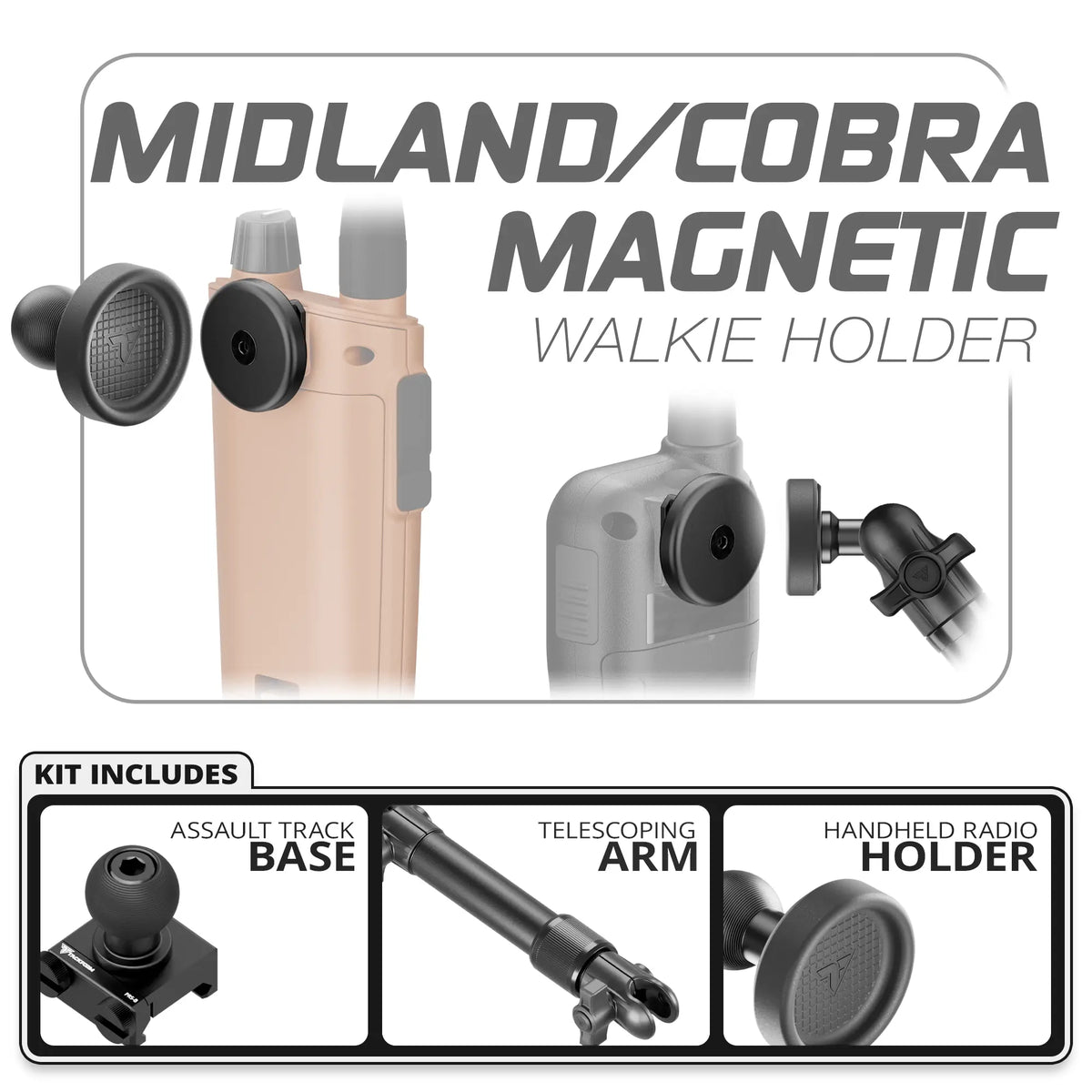 Tackform Midland and Cobra magnetic handheld radio holder, Assault Track base and telescoping arm, universal fit