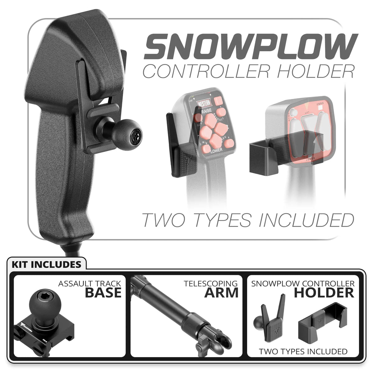 Tackform snowplow controller holder, Assault Track base and 7.5"-9.25" Telescoping Arm, universal fit