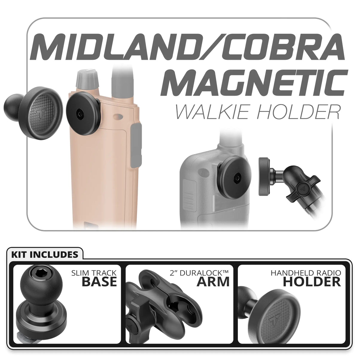 Tackform Midland and Cobra magnetic radio holder with 2 inch DuraLock arm on Slim Track