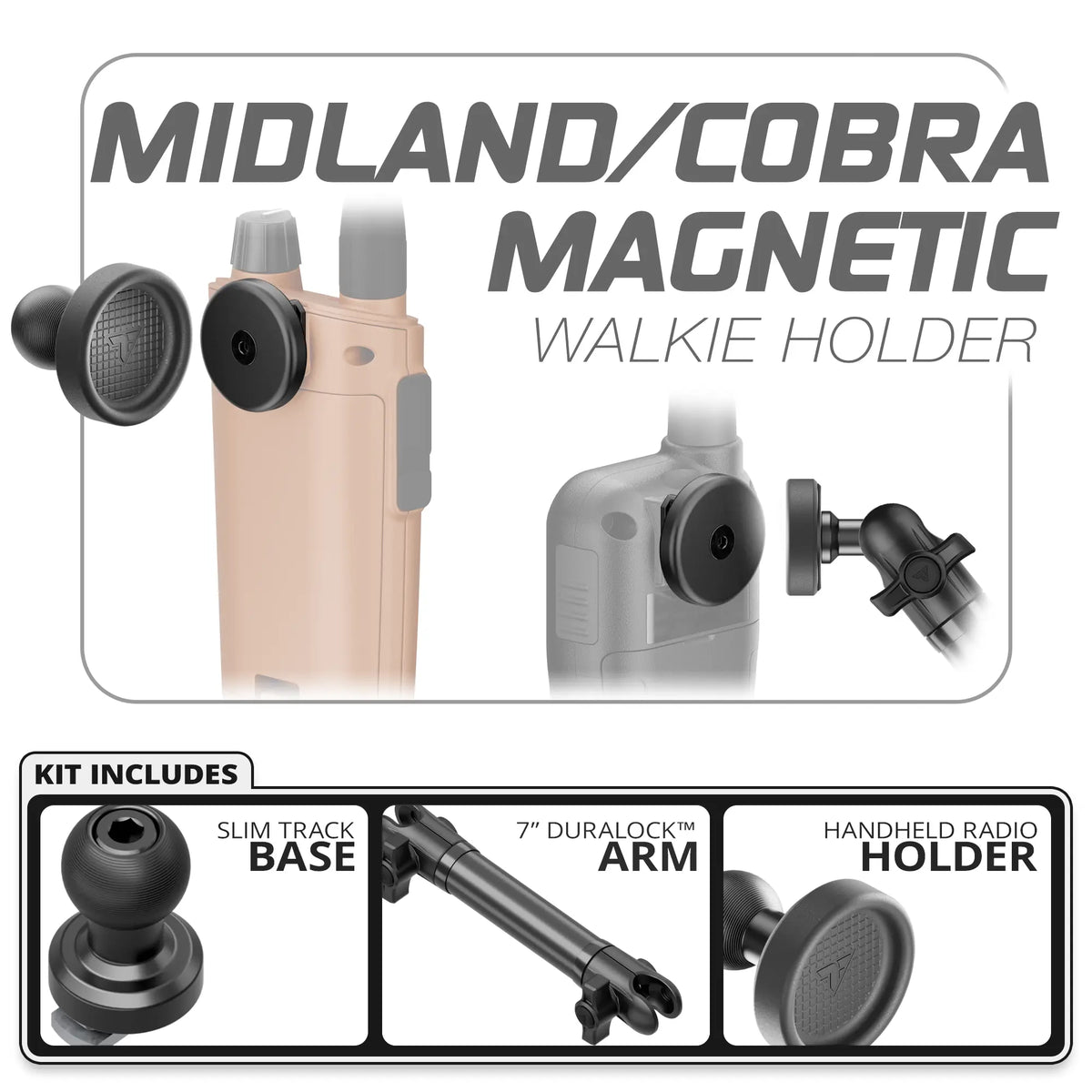 Tackform Midland and Cobra magnetic handheld radio holder, Slim Track base and 7" arm, universal fit