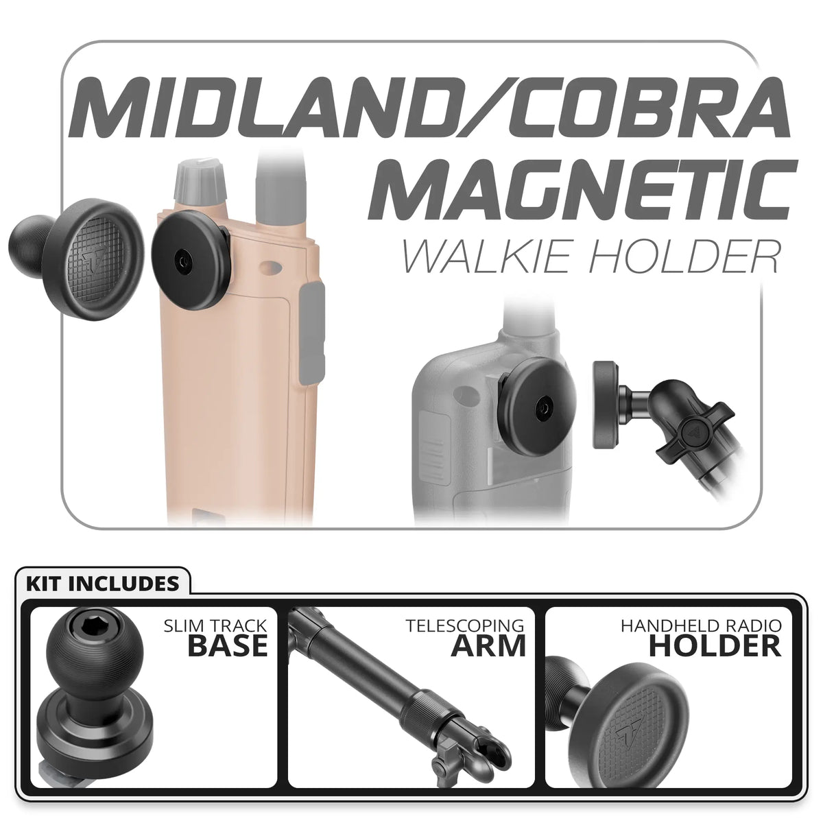 Tackform Midland and Cobra magnetic handheld radio holder, Slim Track base and telescoping arm, universal fit