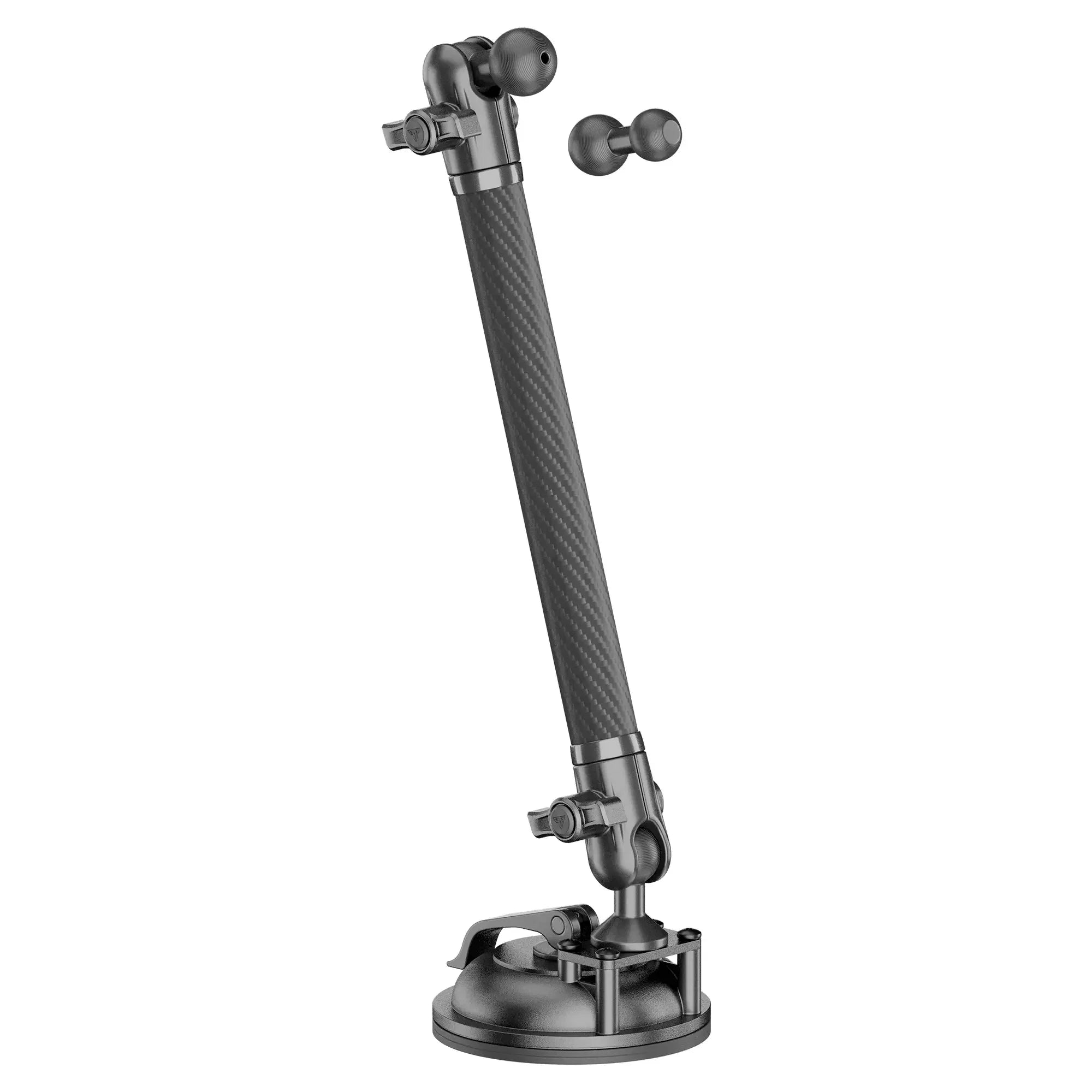 Heavy-duty carbon fiber suction cup mount with adjustable arm for vehicles and adventure gear.