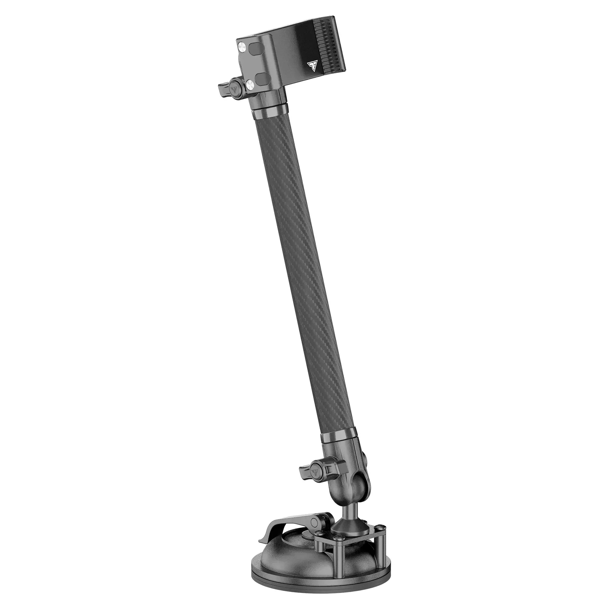 Adjustable carbon fiber mounting arm with suction cup base for overlanding vehicles