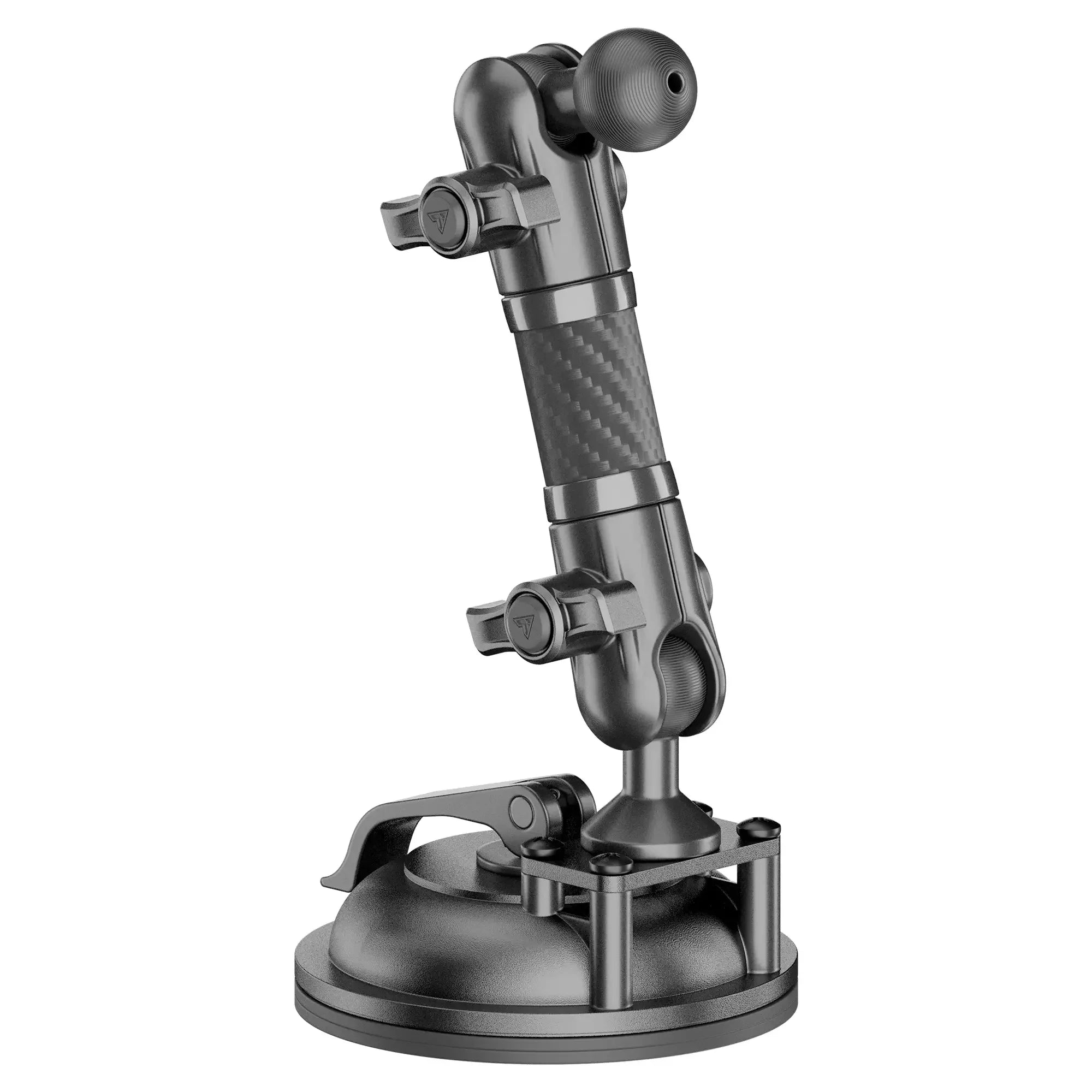Heavy-duty adjustable suction cup mount with carbon fiber arm for vehicle accessories.