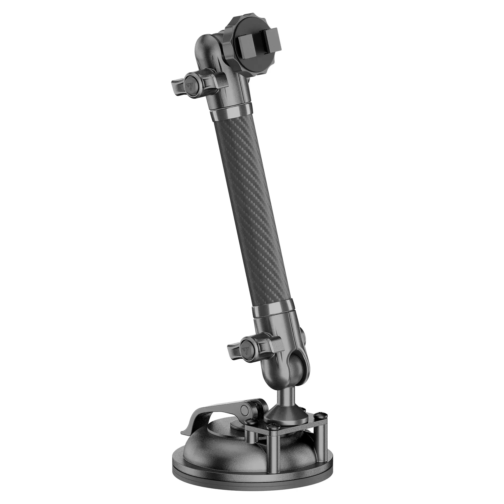 Heavy-duty adjustable mounting arm with suction cup base for vehicle accessories, carbon fiber finish.