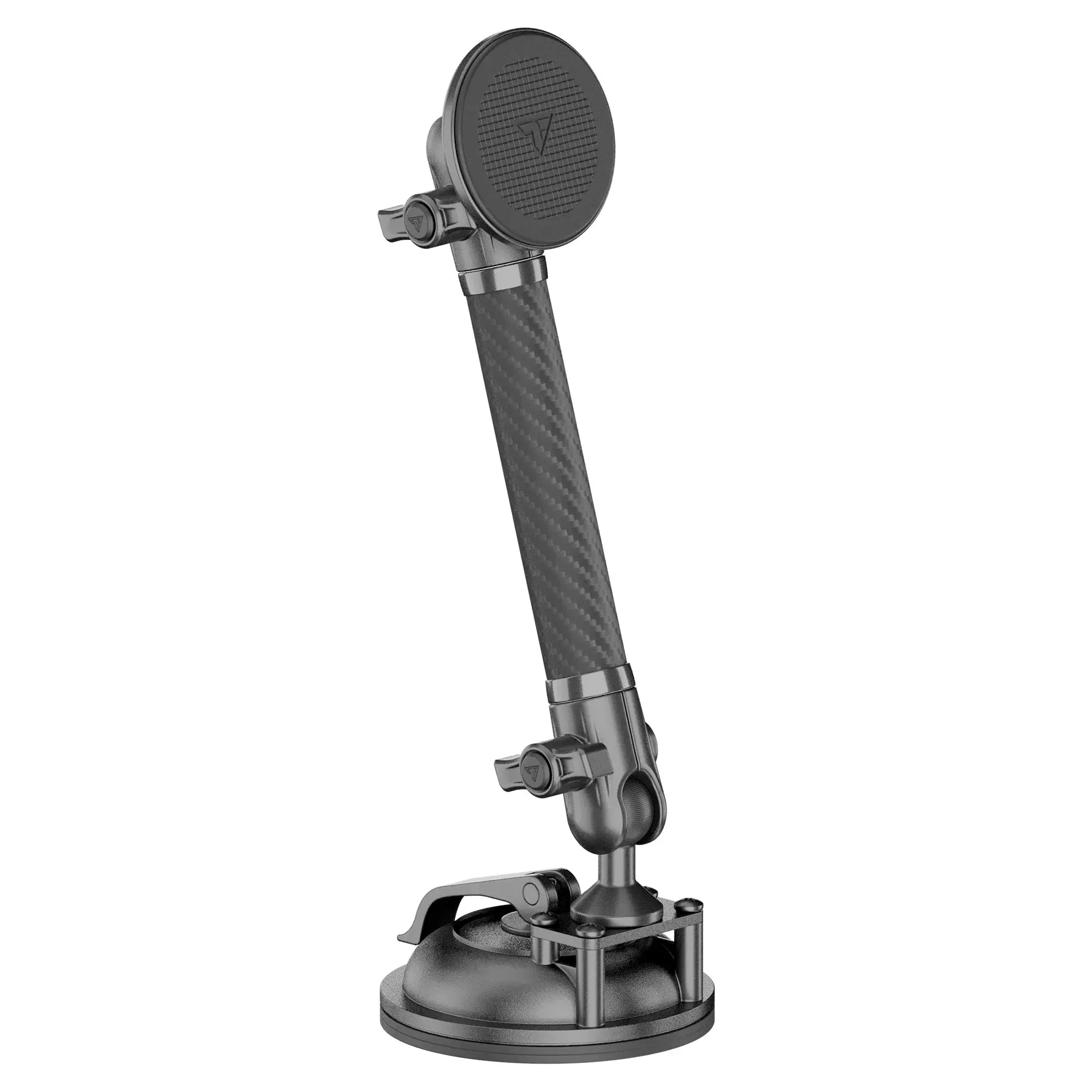 Heavy-duty magnetic phone mount with adjustable carbon fiber arm and suction base for vehicles