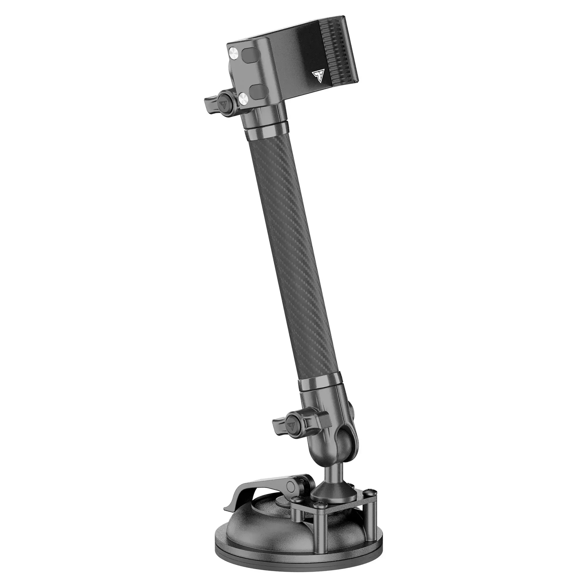 Adjustable black mount with carbon fiber arm and suction base for overlanding vehicles