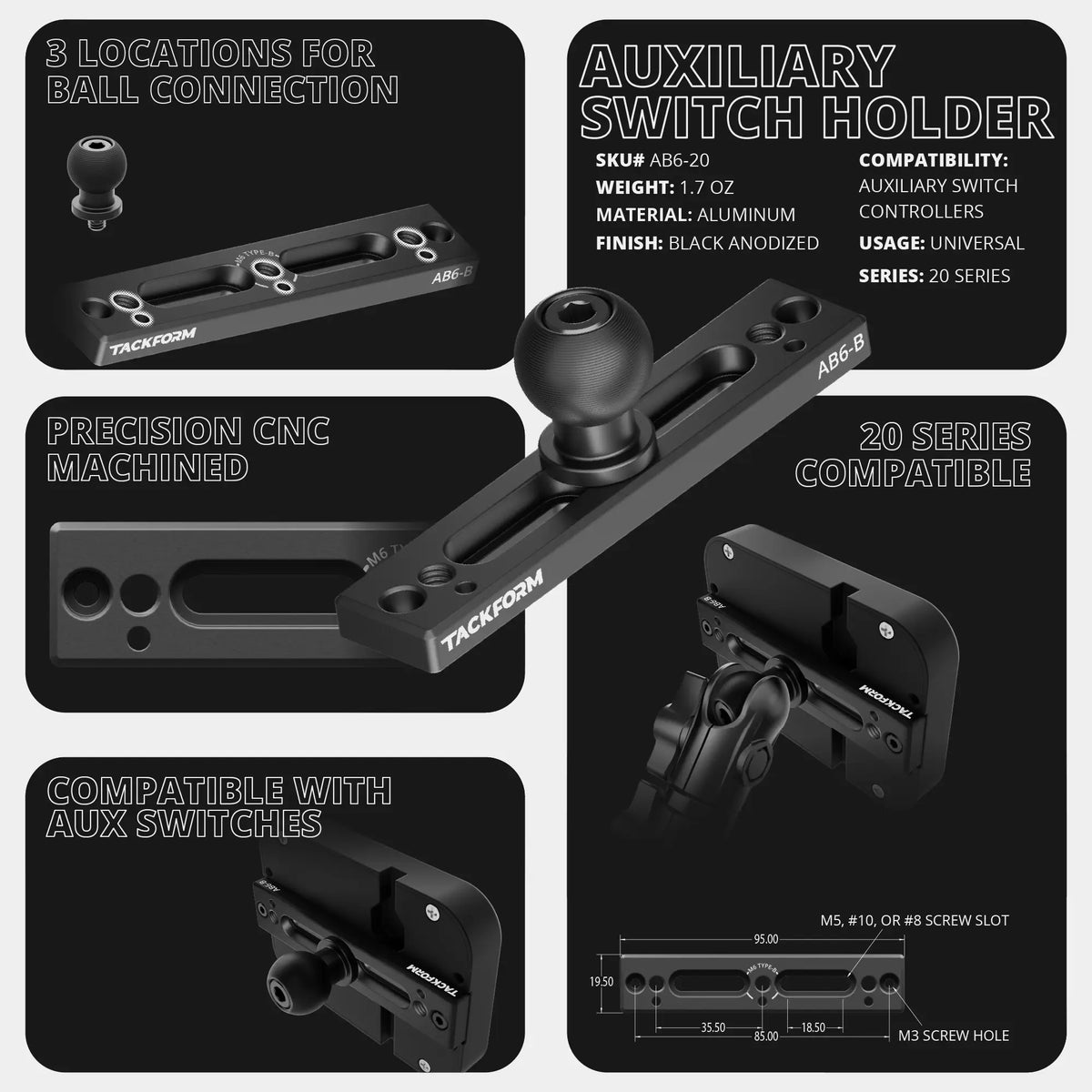 Tackform Auxbeam switch panel holder with 20mm ball or coupler, universal fit