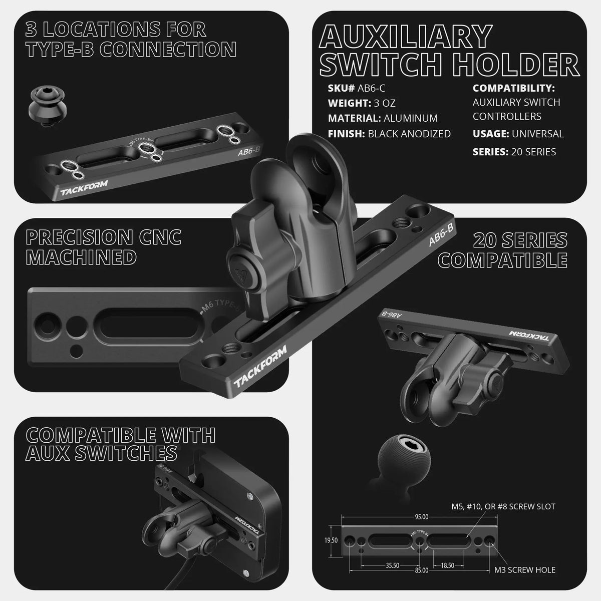 Tackform Auxbeam switch panel holder with 20mm ball or coupler, universal fit
