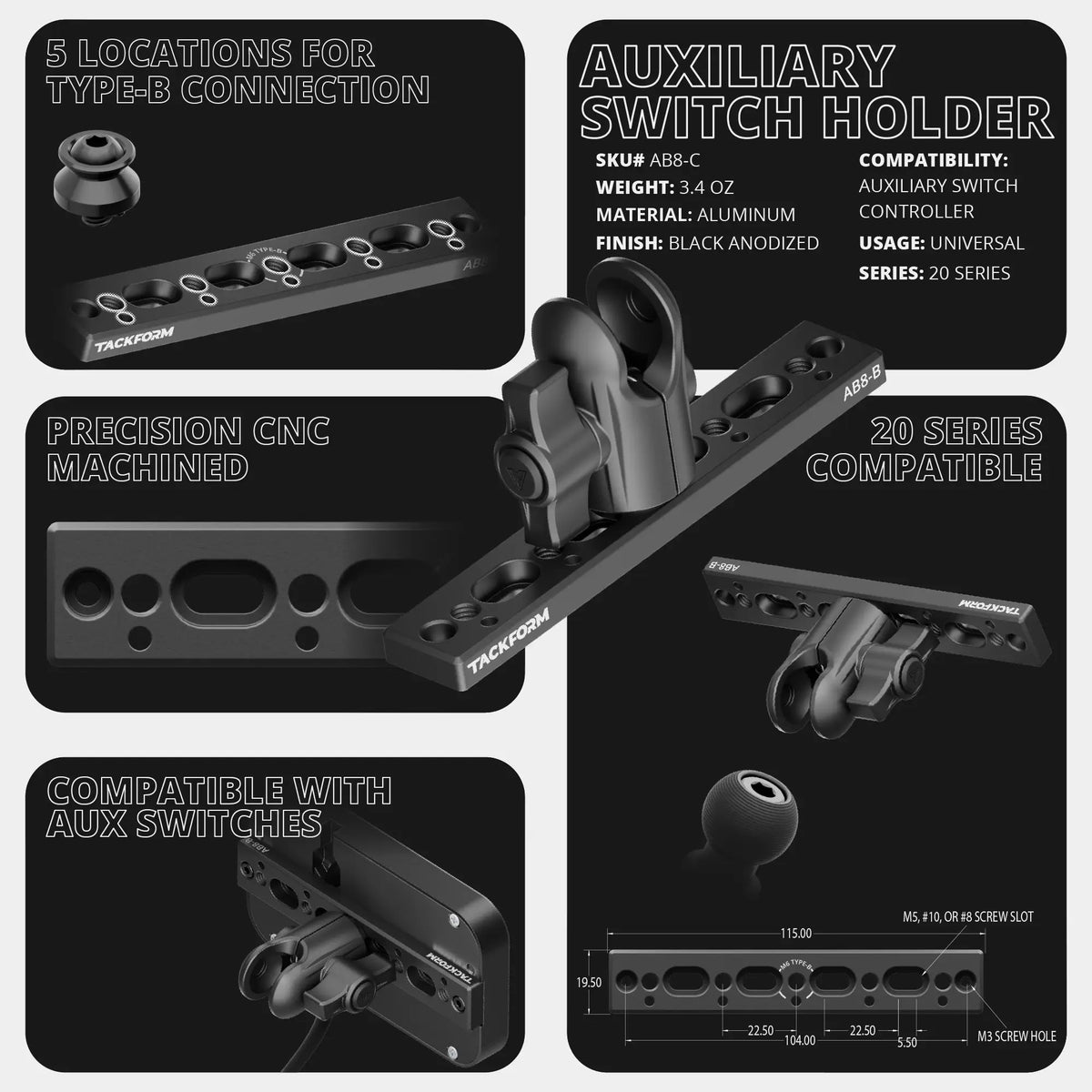 Tackform Auxbeam switch panel holder with 20mm ball or coupler, universal fit