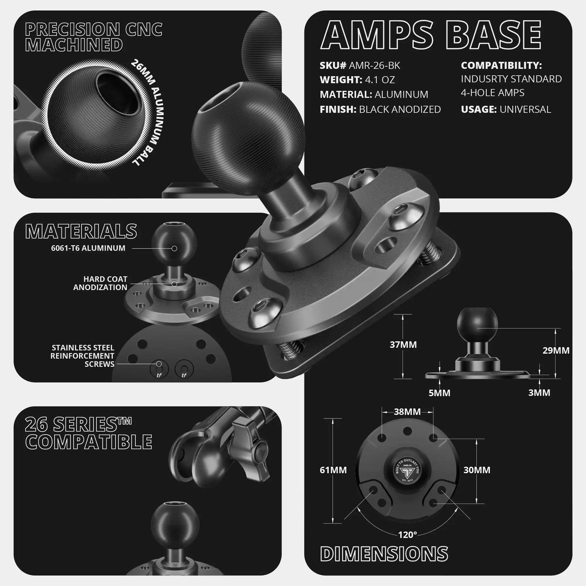 Tackform round amps mount with 26mm metal ball for universal fit