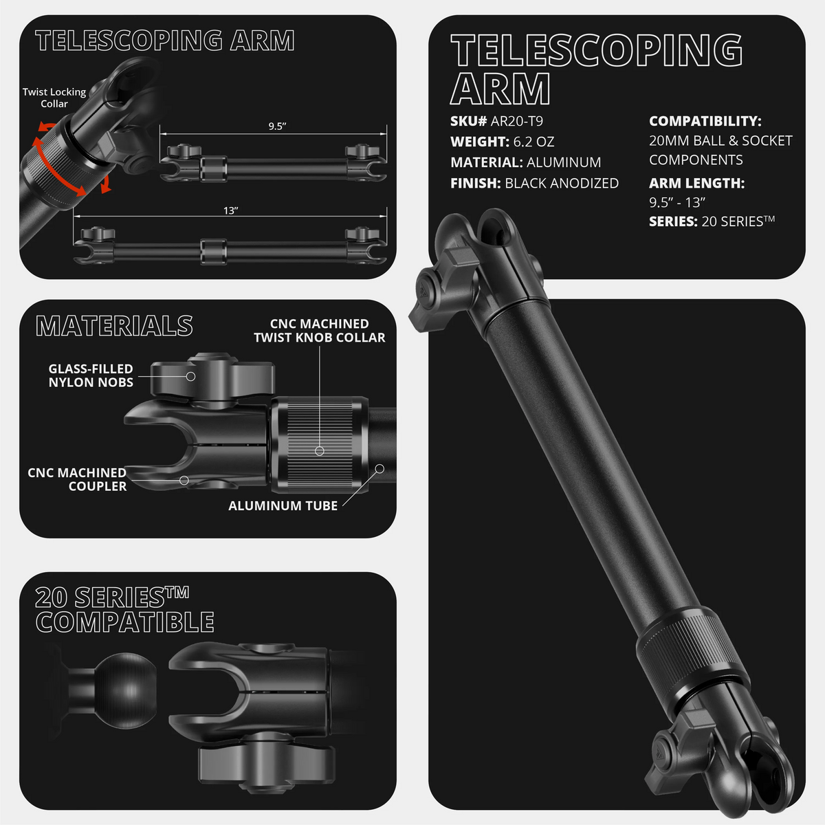 Tackform Enduro Series Telescoping Aluminum Tube Arm - 7.5" to 9.25", Dual 20mm Sockets