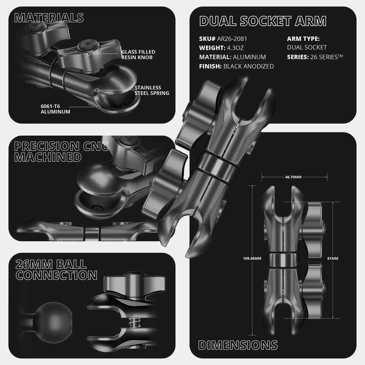 Tackform 4.25 inch dual 26mm socket arm, black, universal fit
