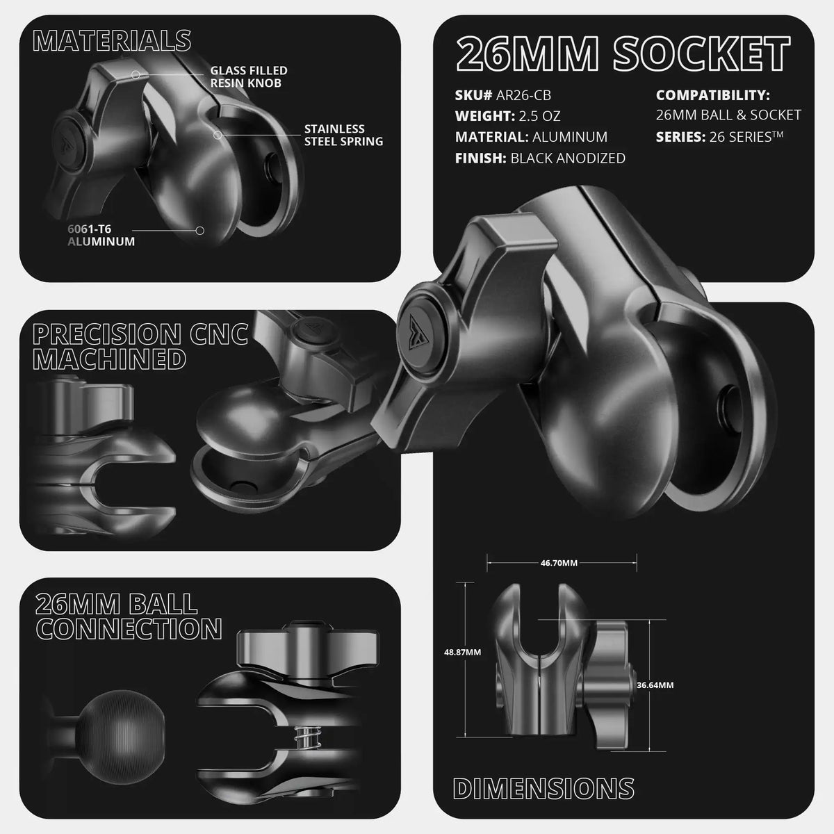 Tackform rigid flex arm with dual 26mm sockets and stabilizer, universal fit
