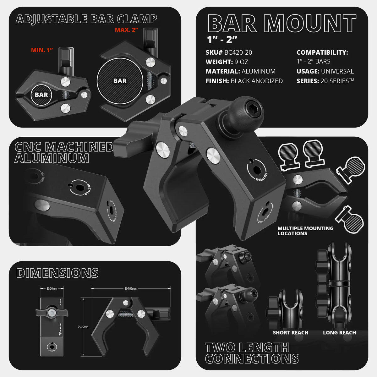 Tackform grab handle bar clamp GoPro action cam mount, universal fit
