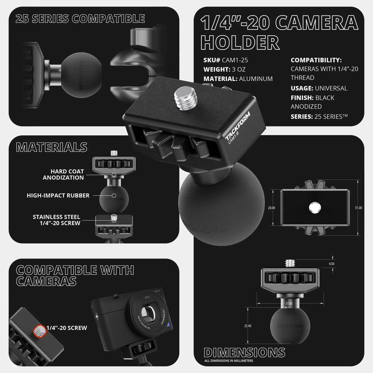 Tackform camera holder with 1/4-20 screw and 25mm ball, universal fit