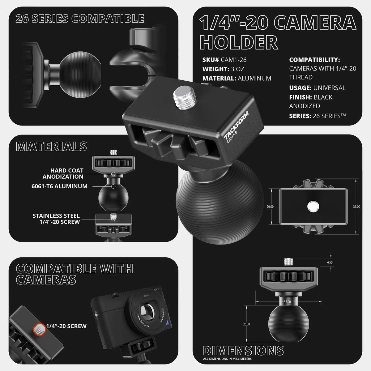 Tackform camera holder with tightening ring and 26mm ball for universal fit