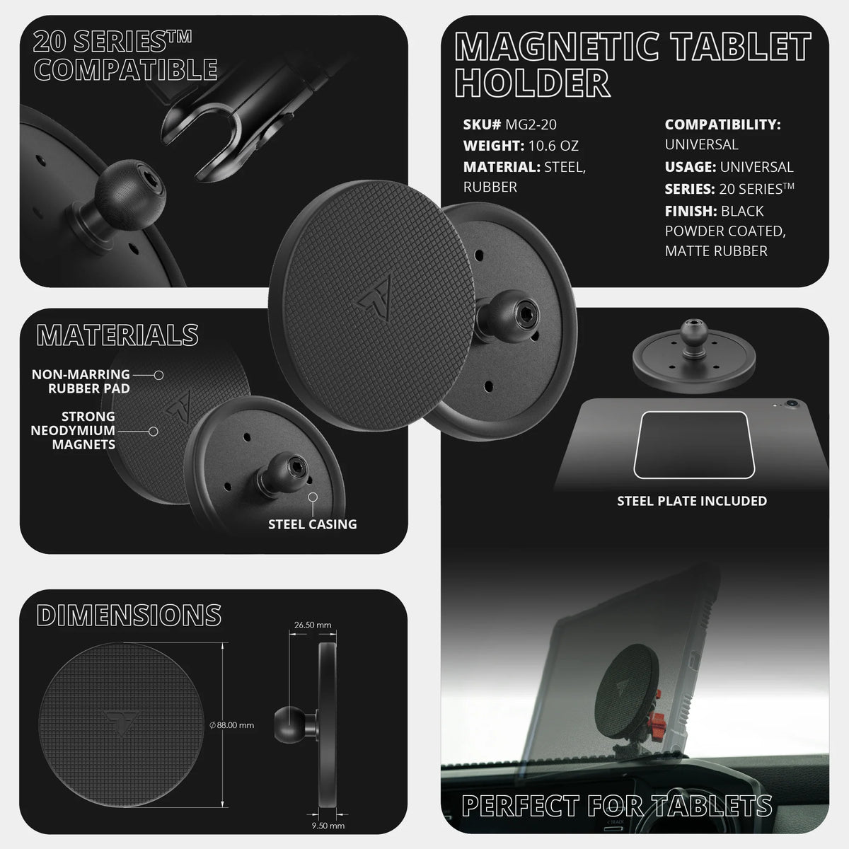 Tackform magnetic tablet holder with 20mm metal ball for universal fit