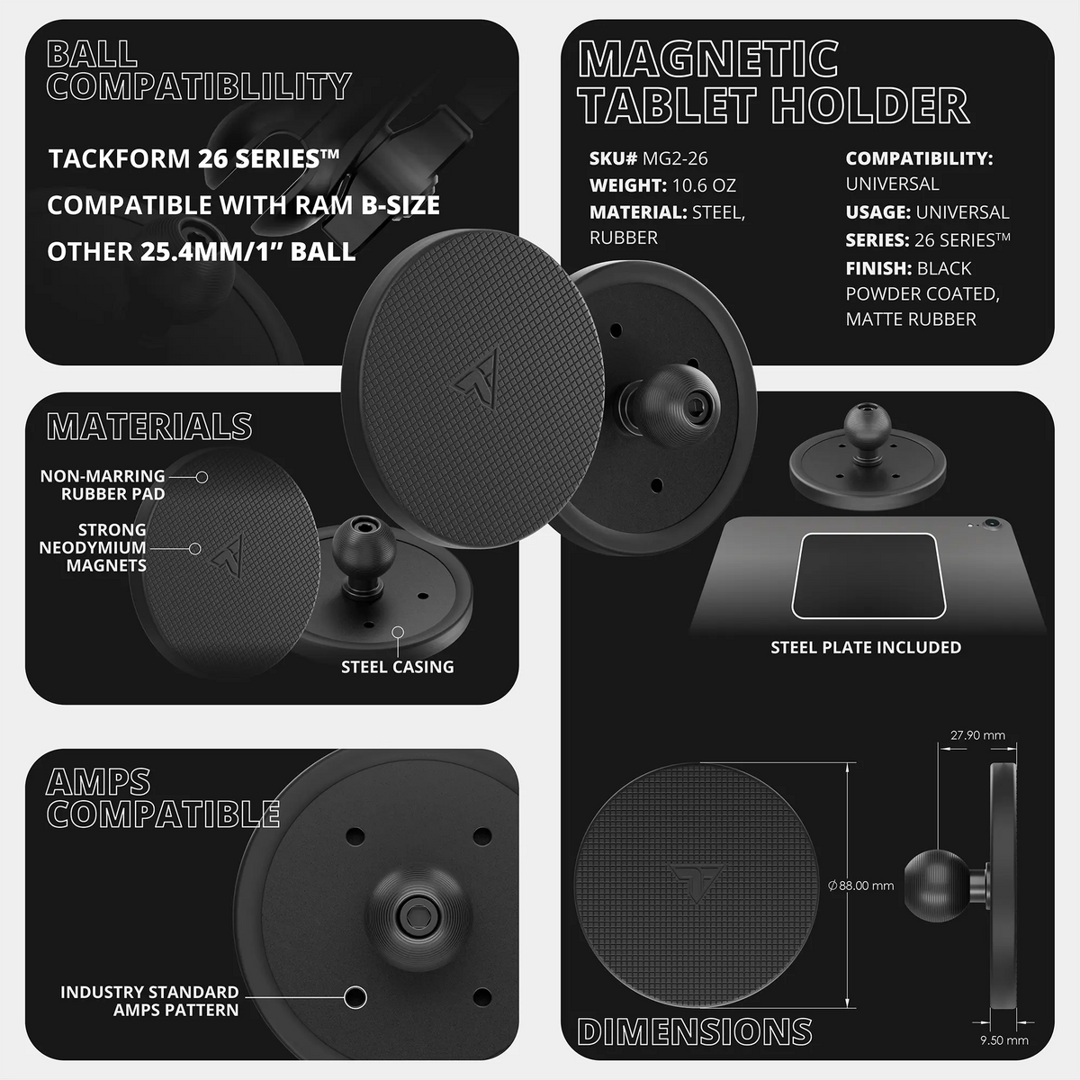 Tackform magnetic tablet holder with 26mm metal ball for universal fit