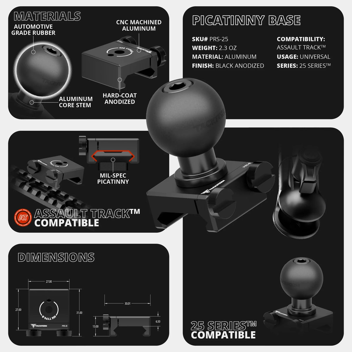 Tackform Assault Track 25 Series 1 inch B-sized rubber ball base, universal fit