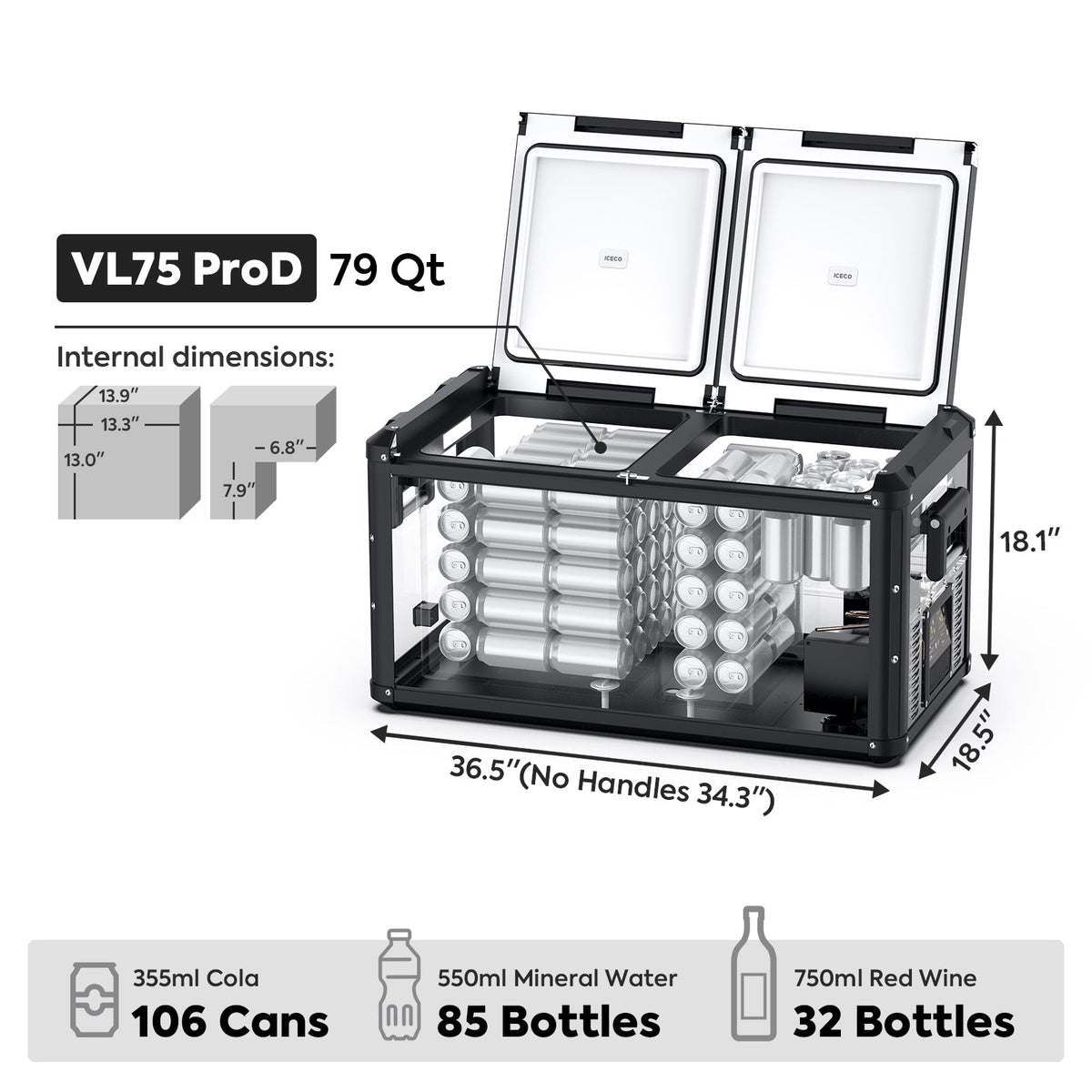 ICECO VL75ProD 79QT dual zone 12V fridge freezer, universal fit