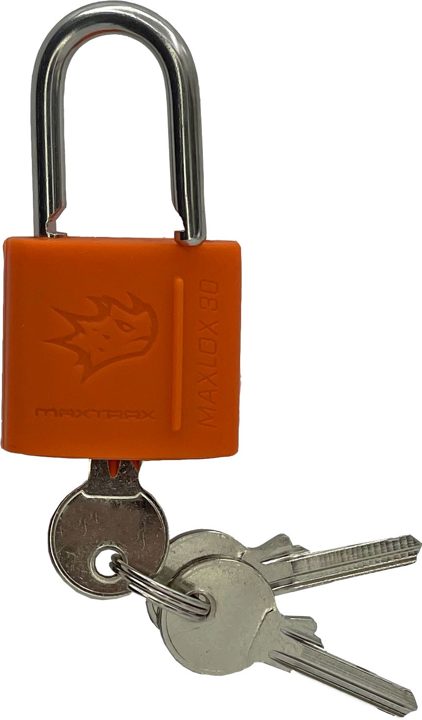 Orange MAXTRAX padlock with three silver keys for overlanding gear security