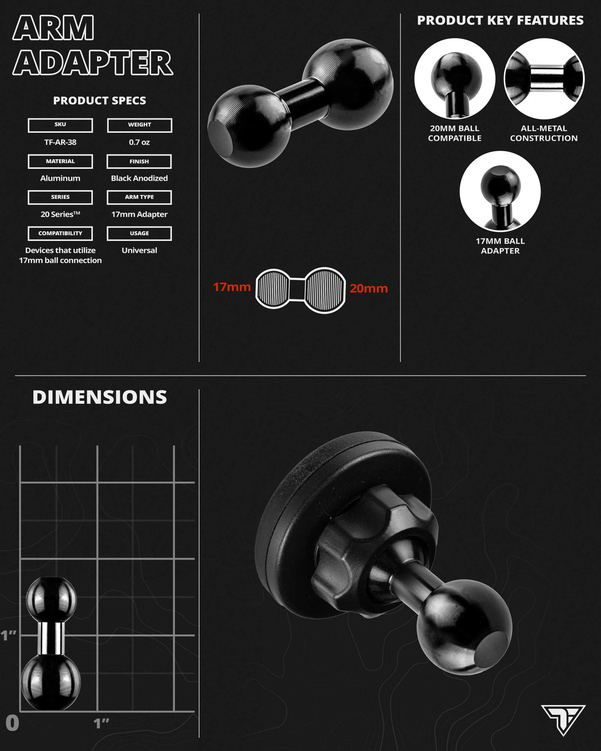 Tackform cupholder mount with 7 inch arm and 17mm Garmin ball adapter for universal fit