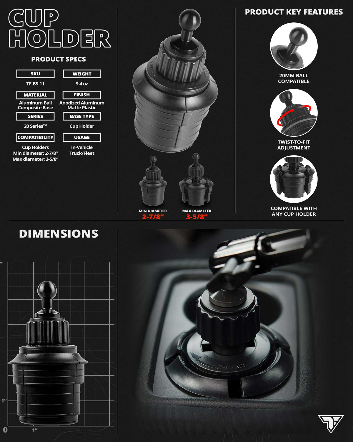 Tackform cup holder phone mount for universal fit