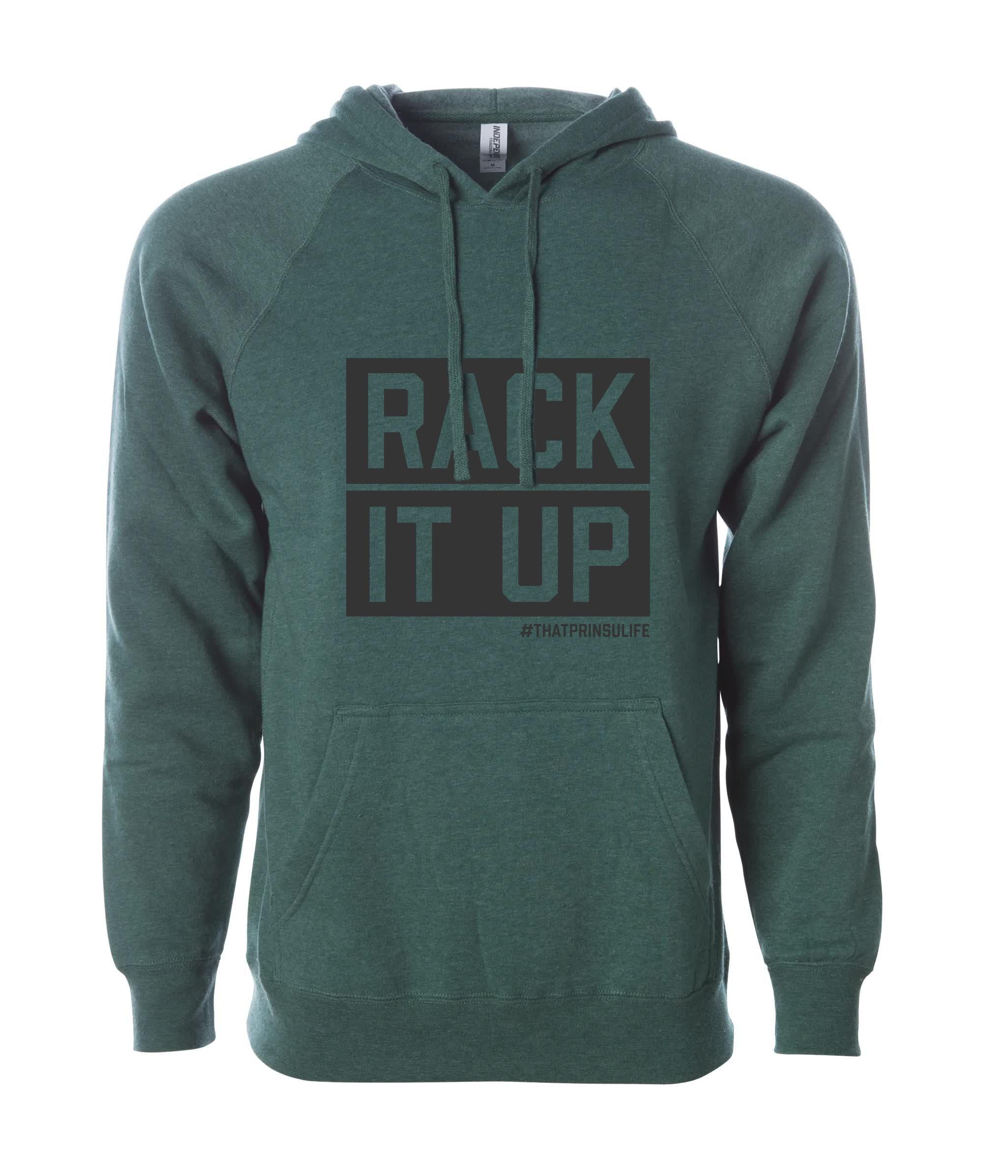 Green hoodie with 'RACK IT UP' slogan, expedition camping and overlanding apparel