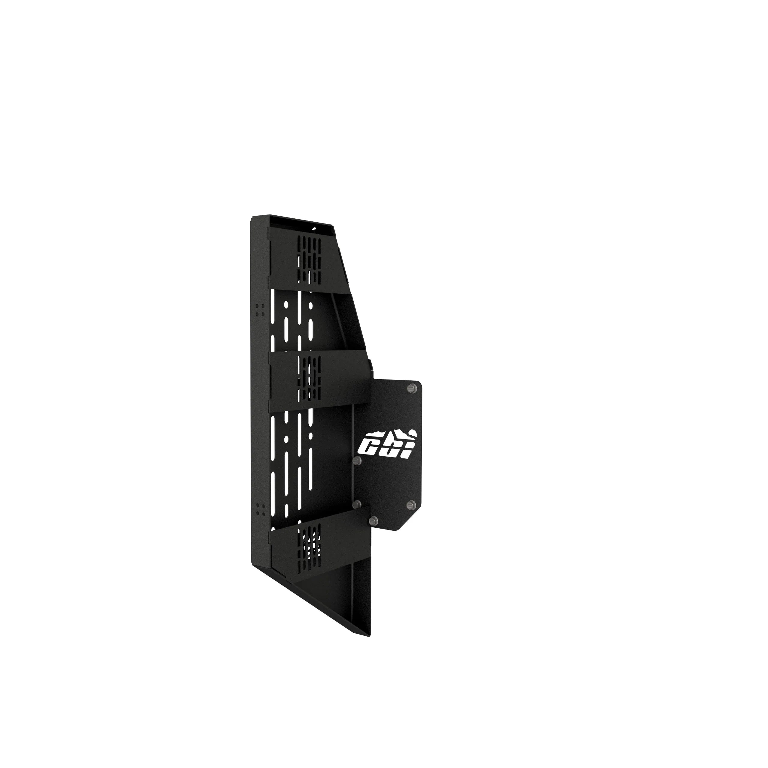 Black steel vehicle accessory mounting bracket with slotted panels for overlanding gear