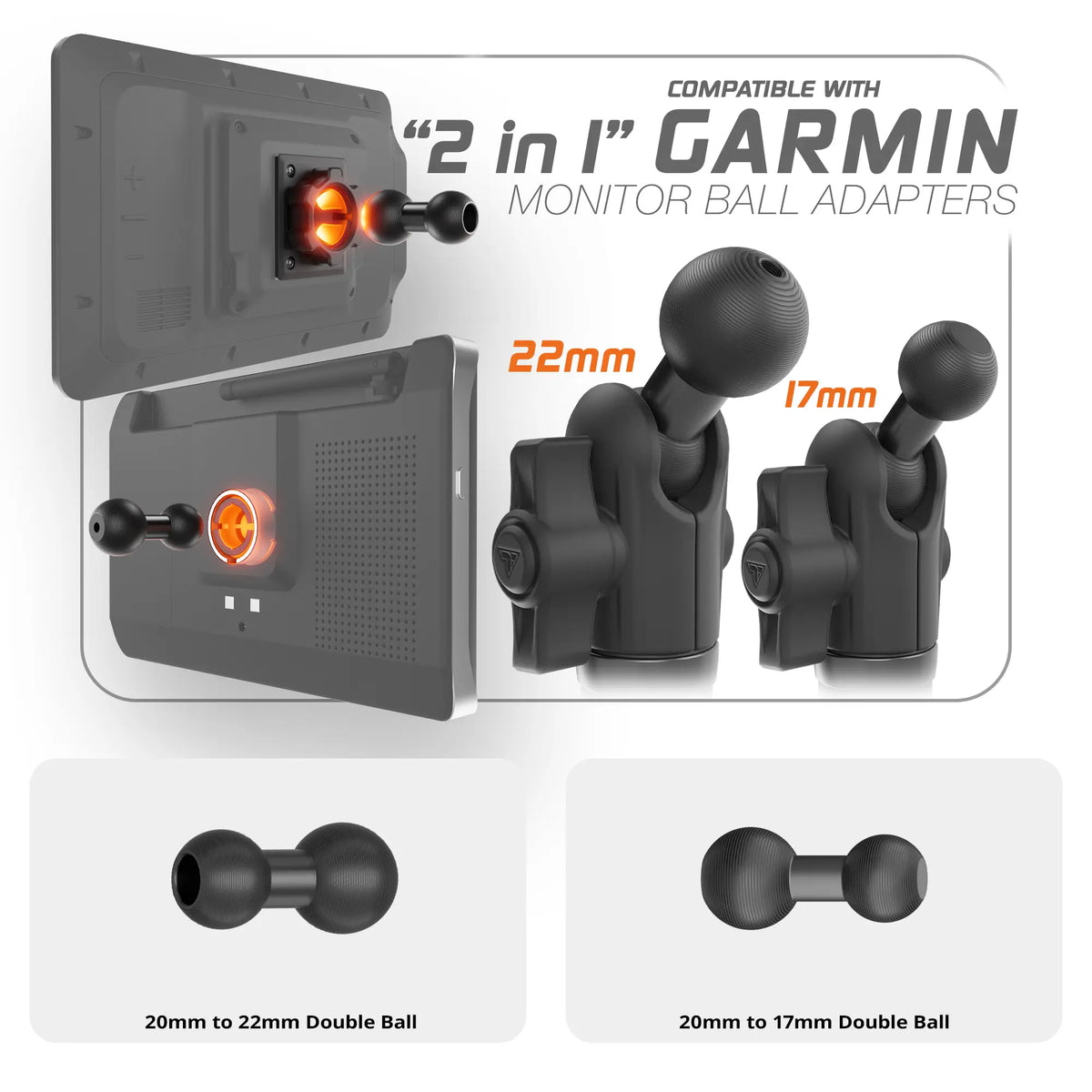 Tackform Garmin mount holder combo with 17mm and 22mm ball adapters, universal fit