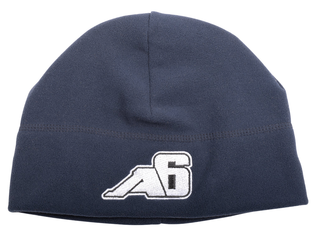 Navy blue fleece beanie with white embroidered A6 logo, outdoor camping gear