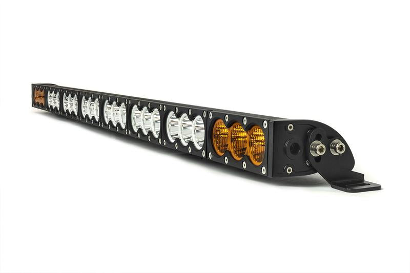 Modular LED light bar with clear and amber sections for off-road vehicle roof or bumper mounting
