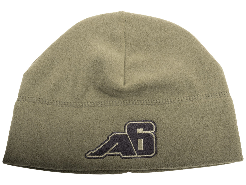 Olive green fleece beanie with A6 logo, outdoor adventure camping hat